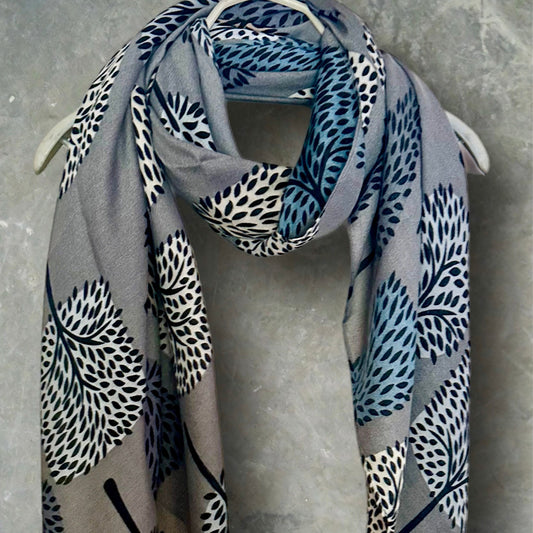 Stylish Grey Botanical Print Featuring various Tree Cotton Scarf for Women.For All Season,Ideal Gifts for Her,Mom,Birthdays and Christmas