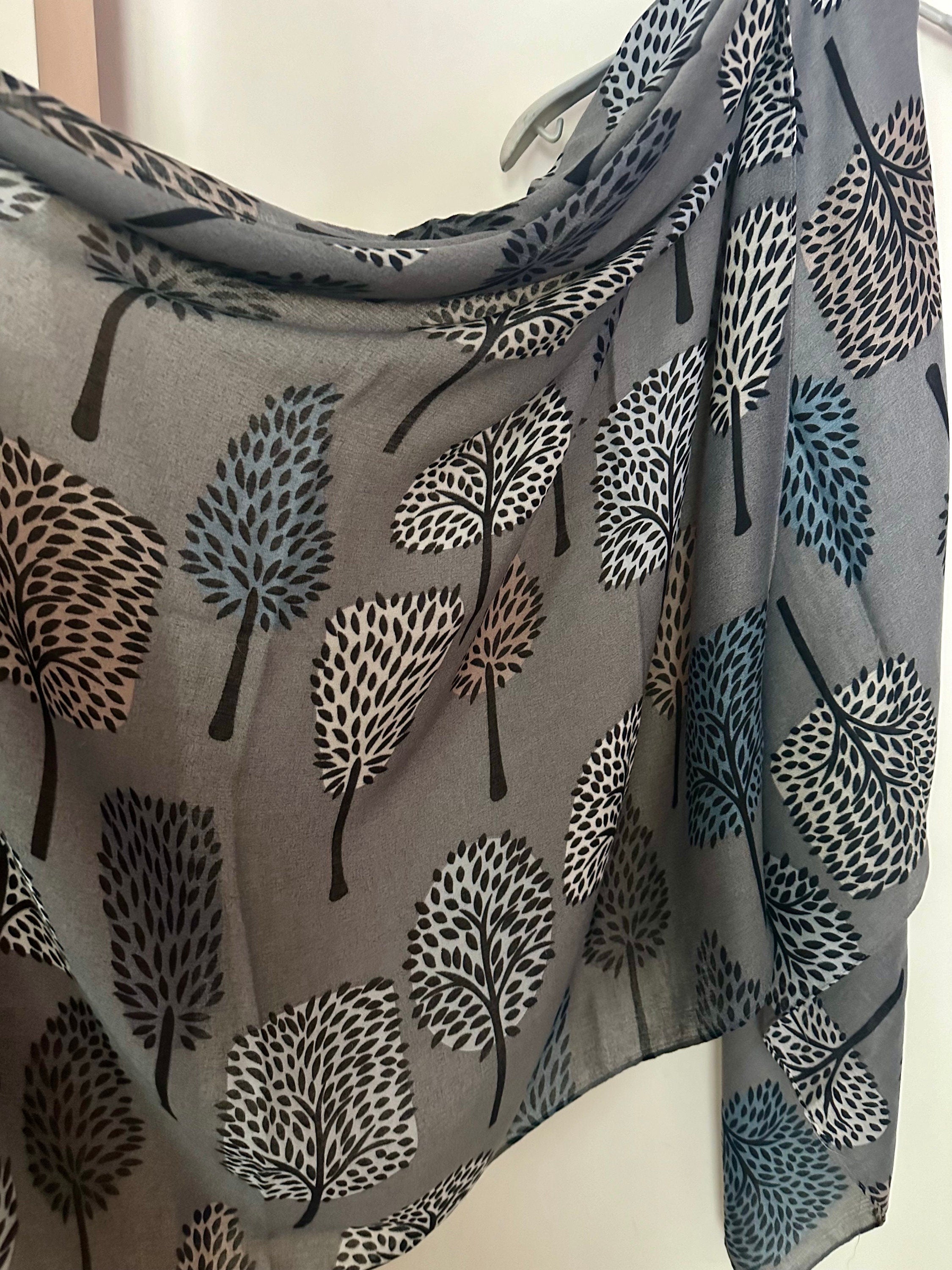 Stylish Grey Botanical Print Featuring various Tree Cotton Blend Scarf