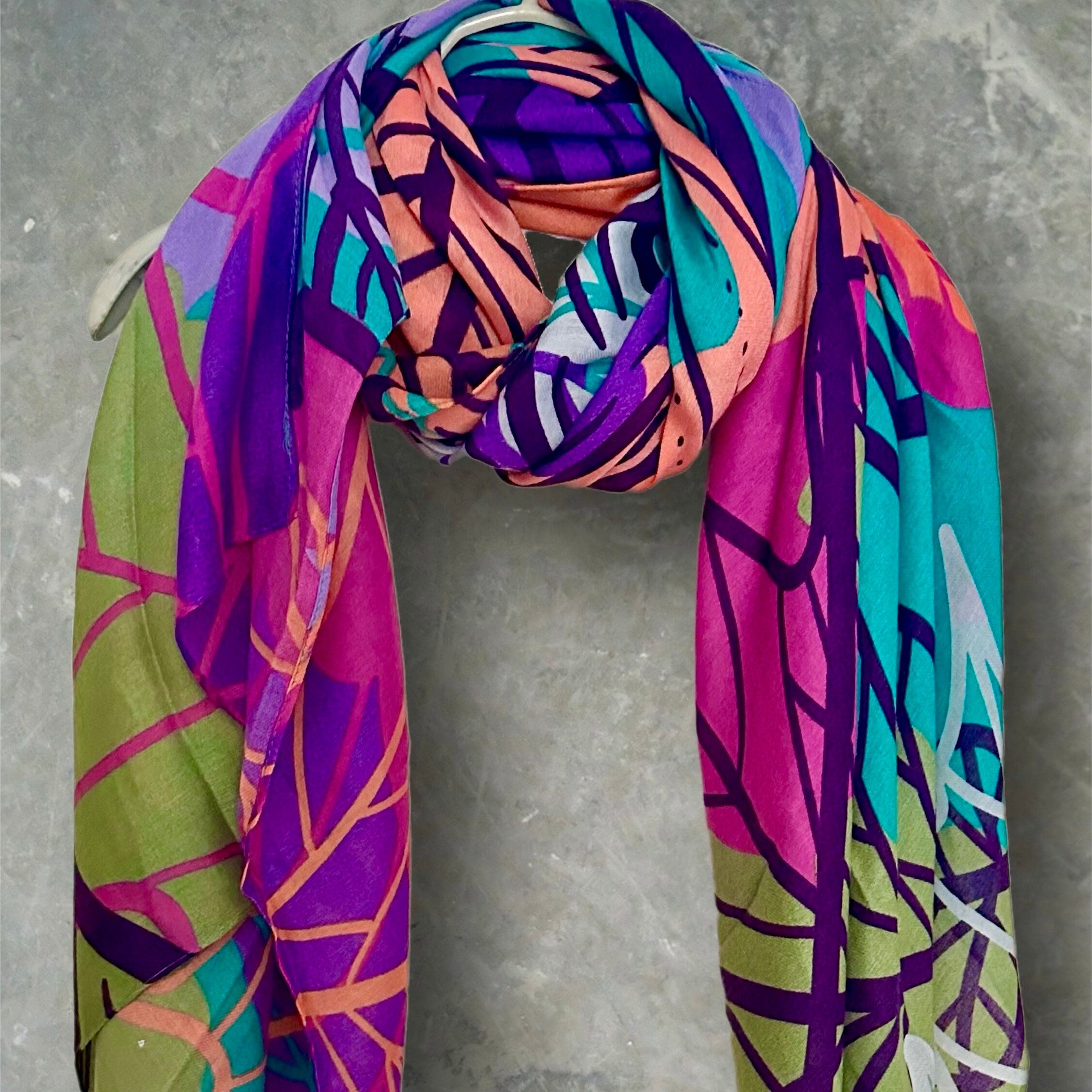 Stunning Purple Cotton Scarf Featuring Large Autumn Leaves