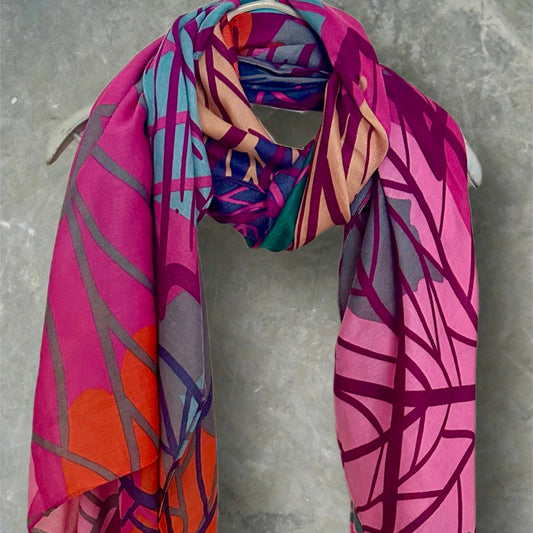 Vibrant Pink Cotton Scarf with Large Autumn Leaf Print.Perfect for Women All Year Round,Ideal Gifts for Her, Mom,Birthdays and Christmas.