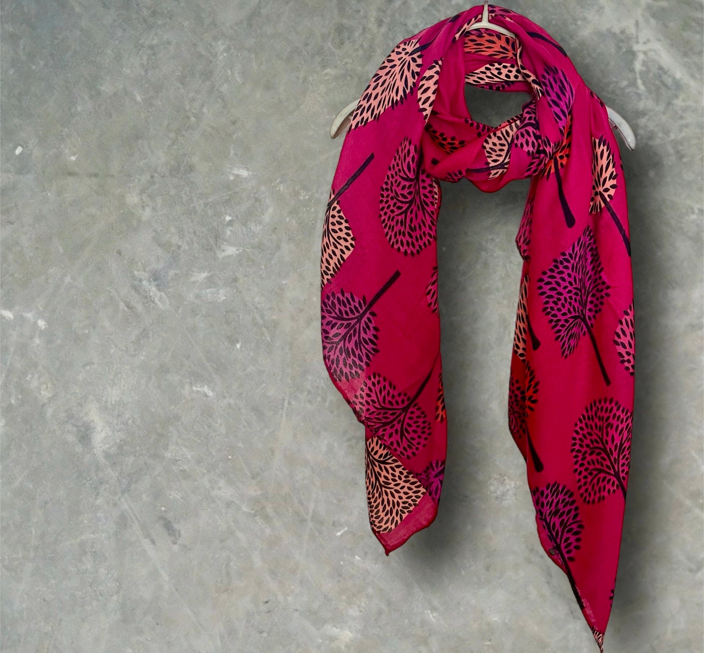 Fuchsia Pink Botanical Print Cotton Blend Scarf Featuring Tree