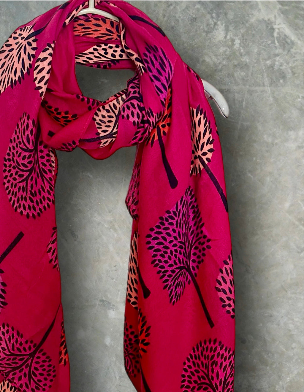 Fuchsia Pink Botanical Print Cotton Blend Scarf Featuring Tree