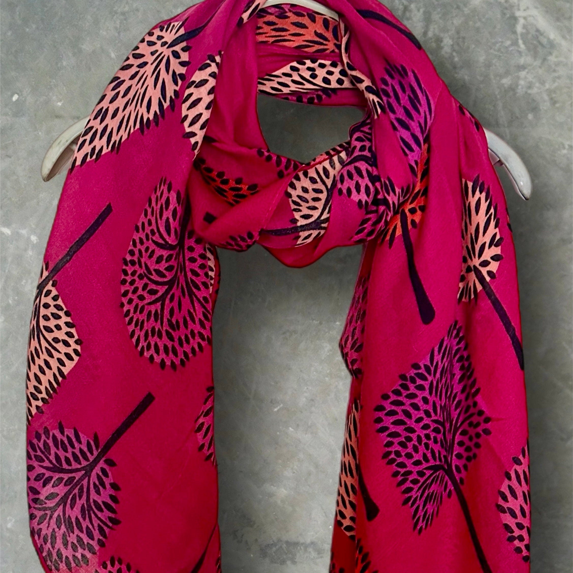 Fuchsia Pink Botanical Print Cotton Blend Scarf Featuring Tree