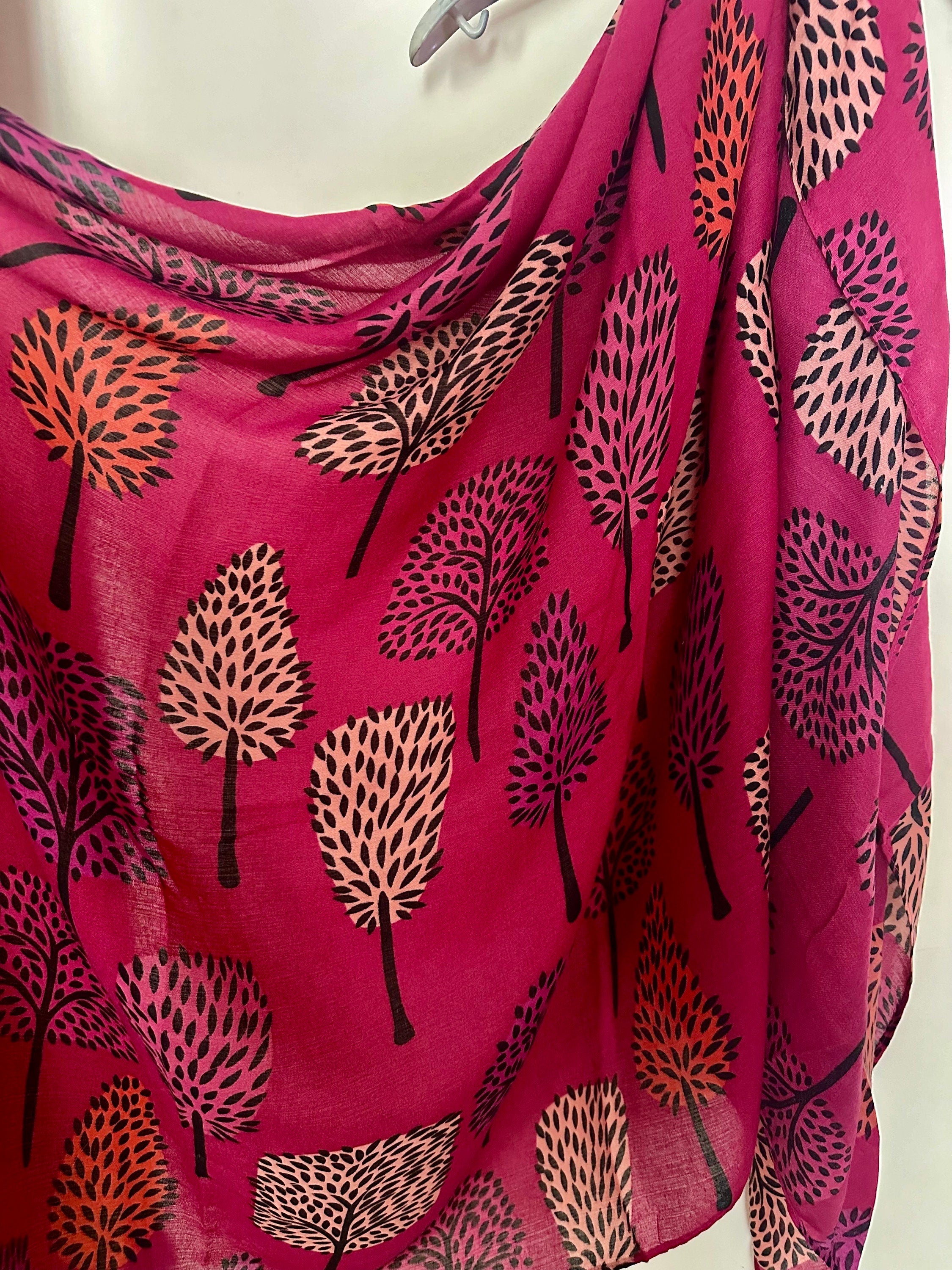 Fuchsia Pink Botanical Print Cotton Blend Scarf Featuring Tree
