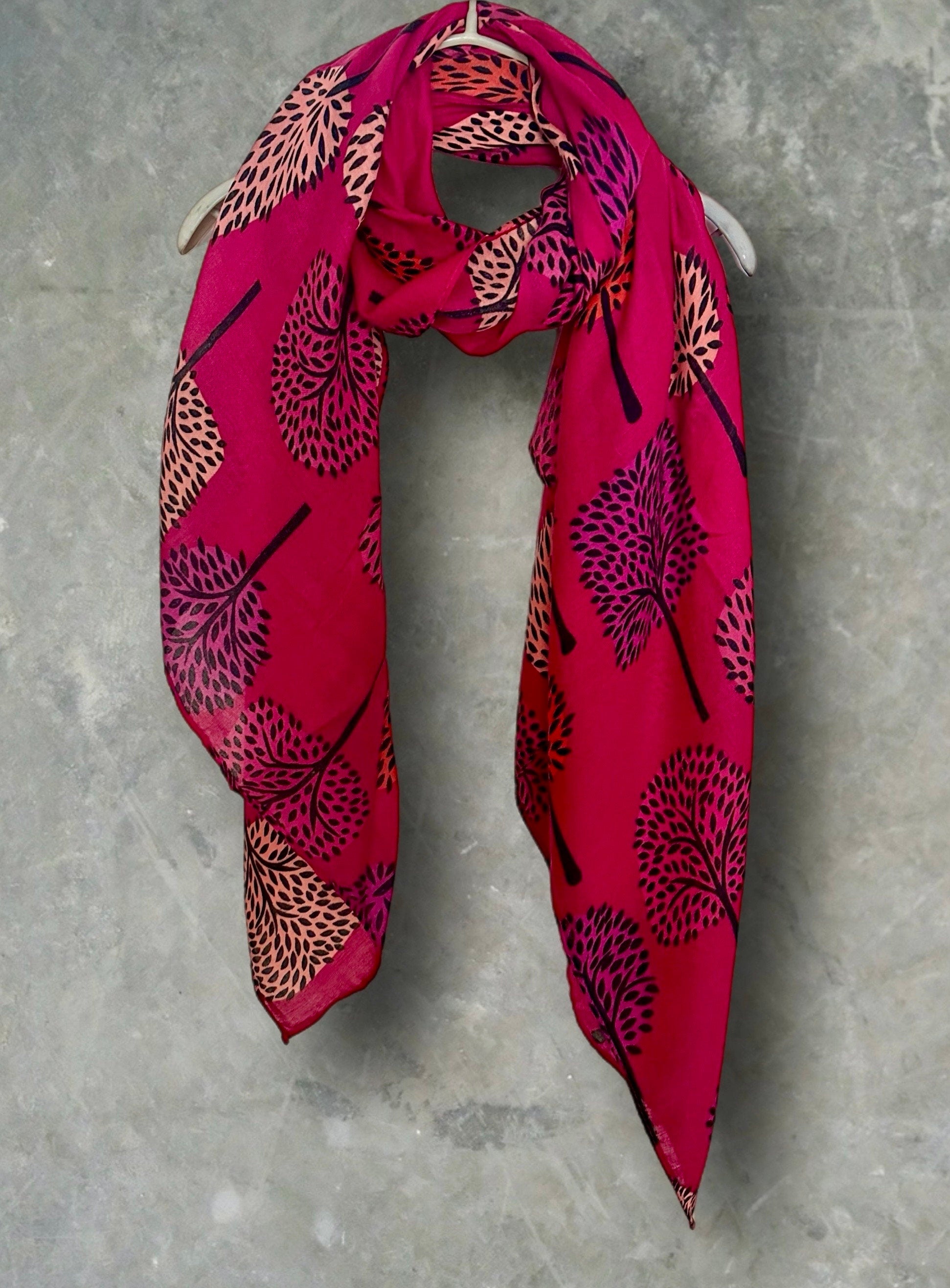Fuchsia Pink Botanical Print Cotton Blend Scarf Featuring Tree