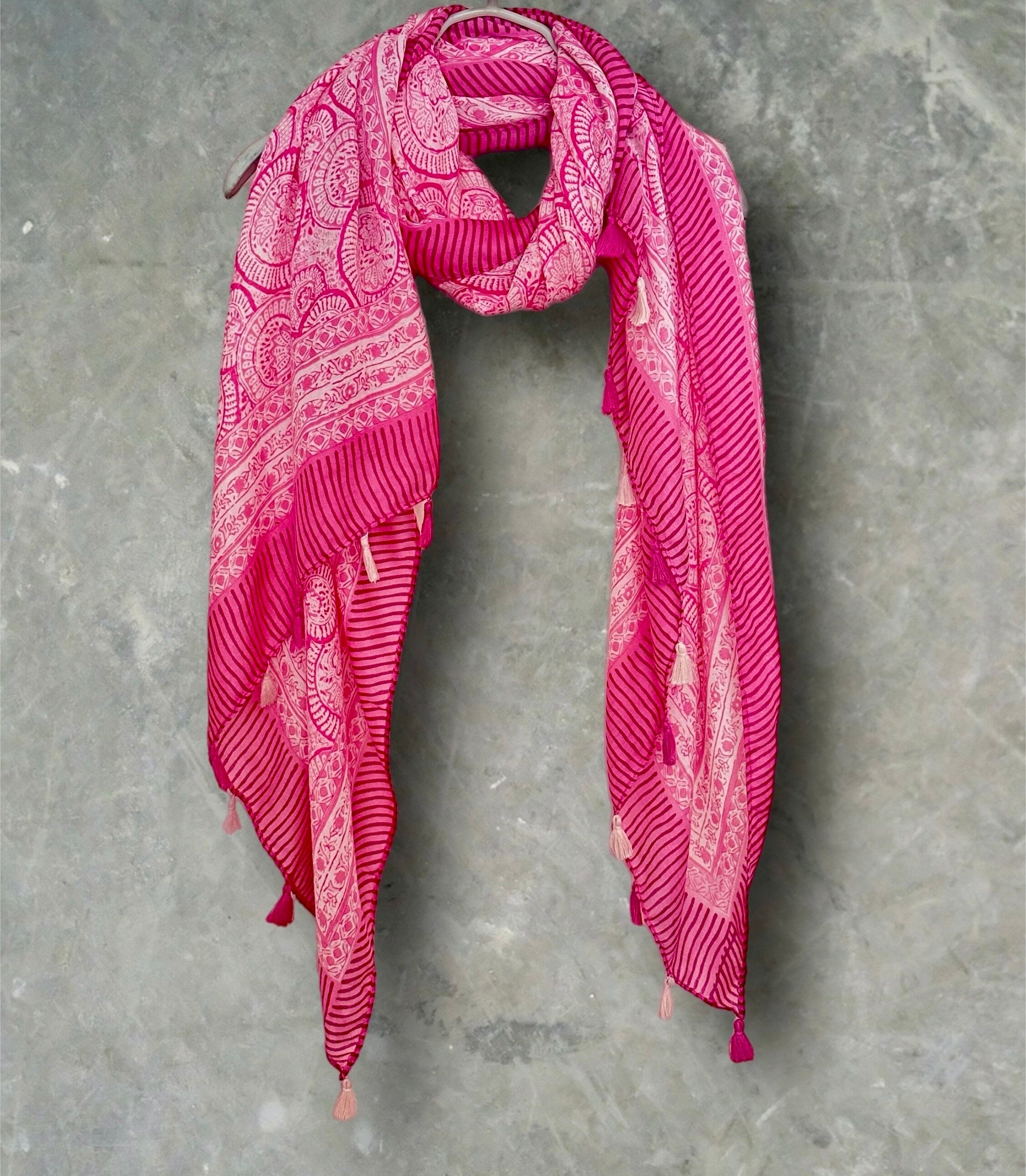 Pink Circular Ornamental Pattern with Tassels Cotton Blend Scarf
