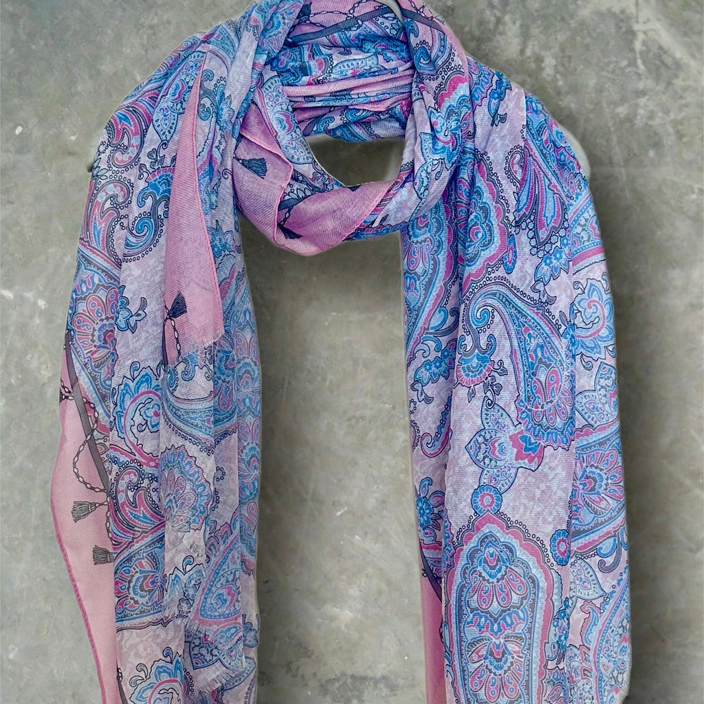Blue/Pink Cotton Scarf Featuring Paisley Pattern