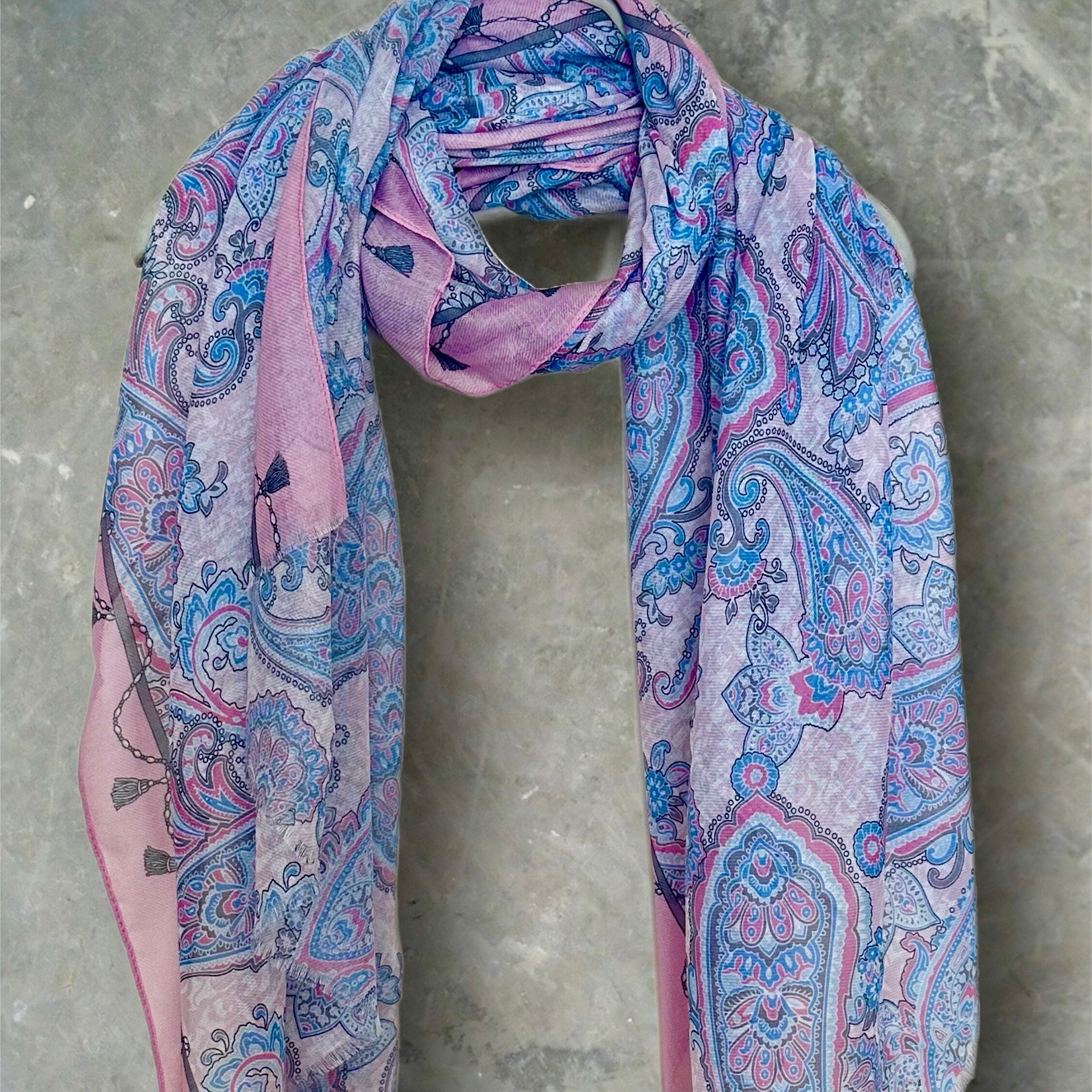 Blue/Pink Cotton Scarf Featuring Paisley Pattern
