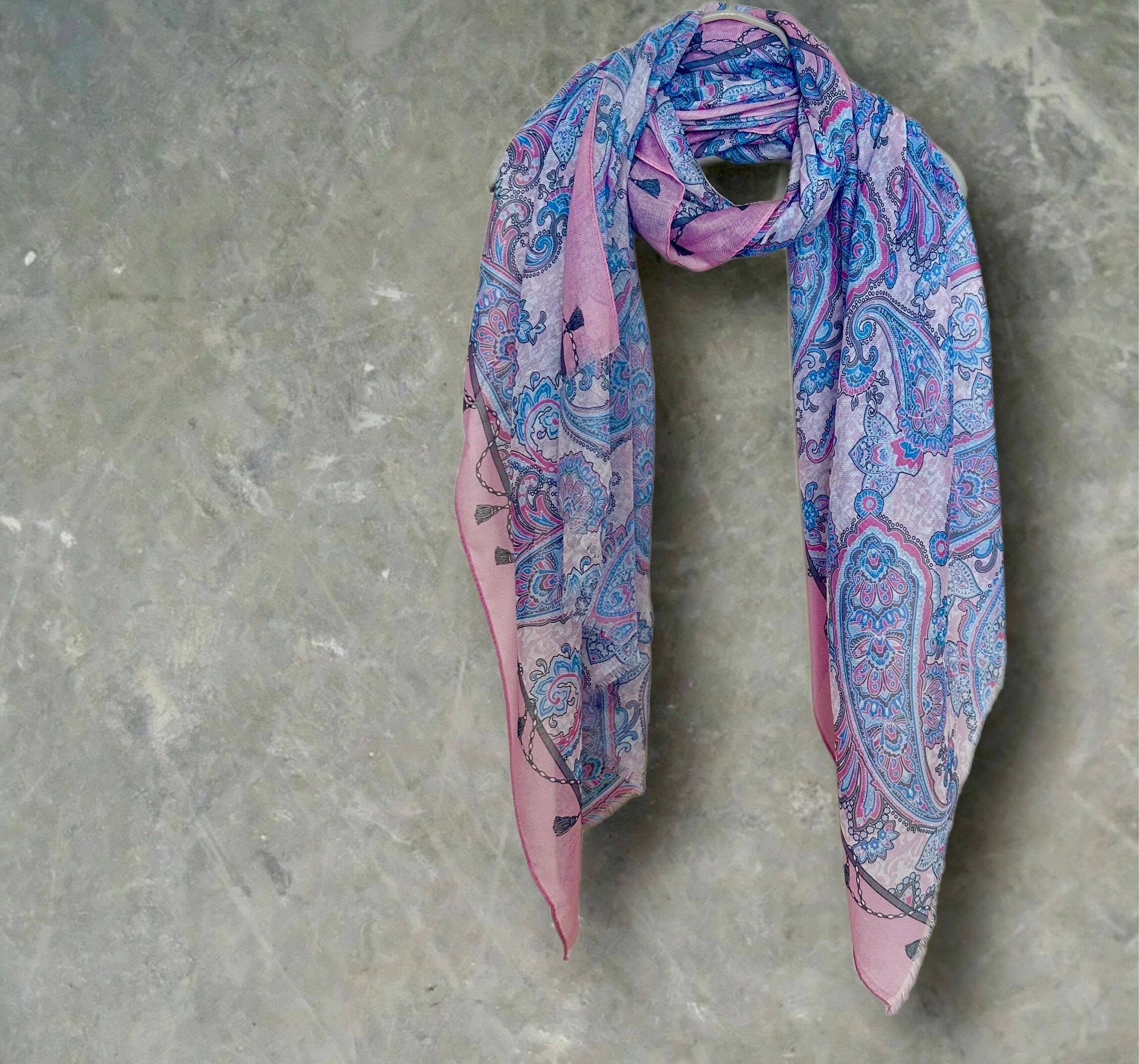 Blue/Pink Cotton Scarf Featuring Paisley Pattern