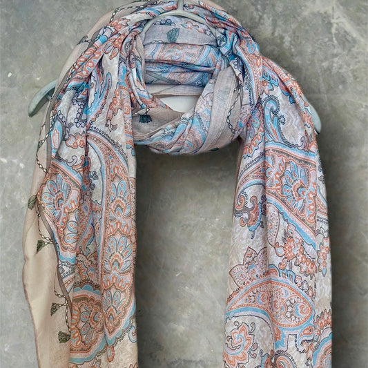 Beige Paisley Pattern Cotton Scarf