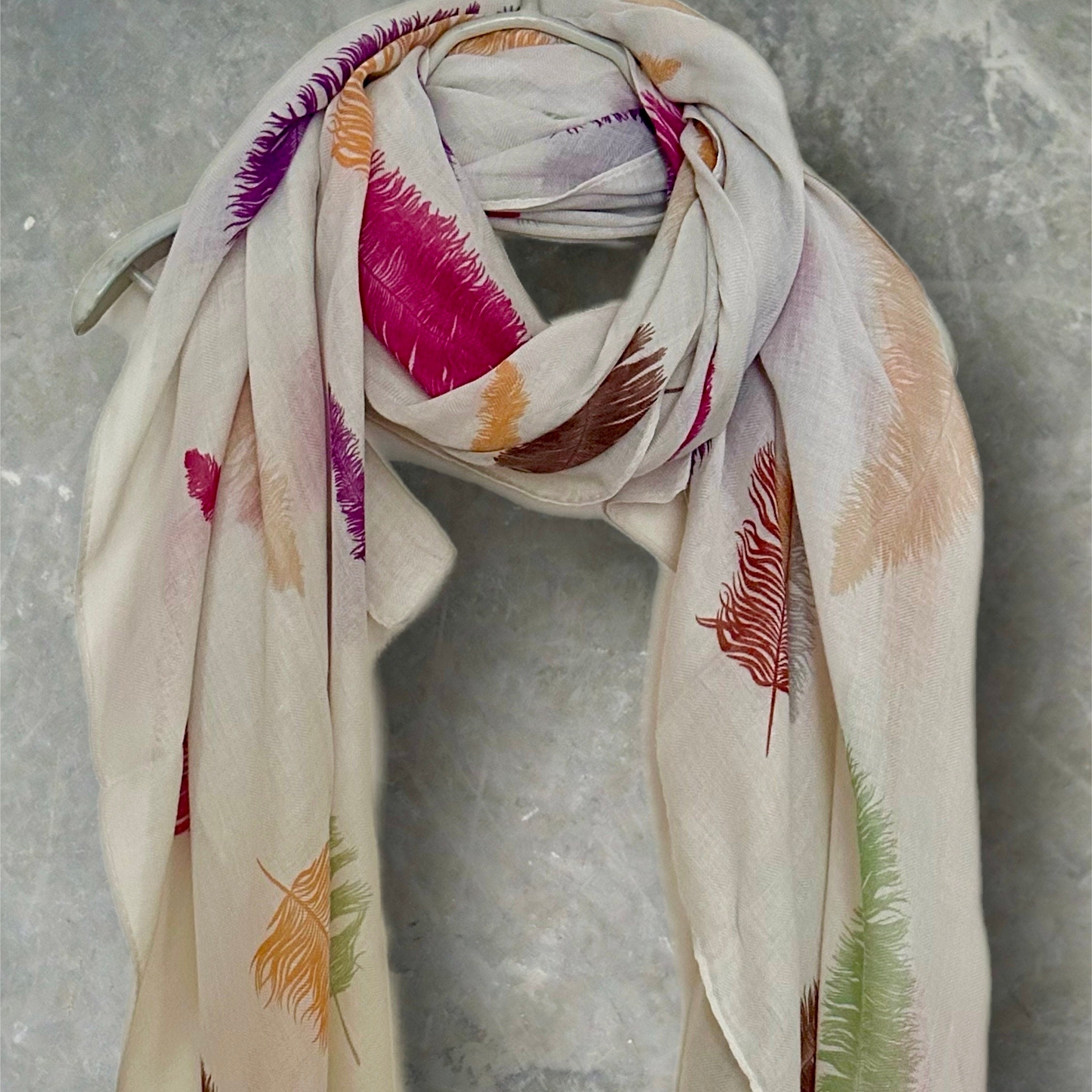 Light Beige Cotton Blend Scarf Featuring Feathers