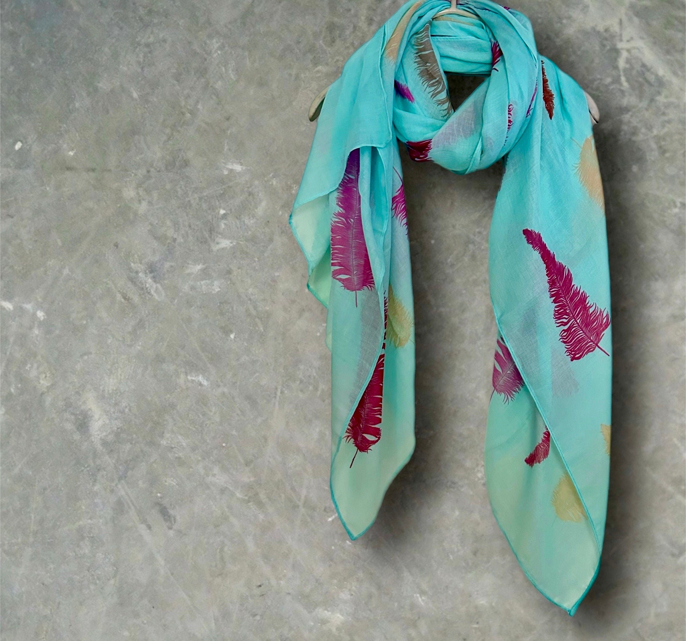 Exquisite Light Blue Cotton Blend Scarf with Feathers Print