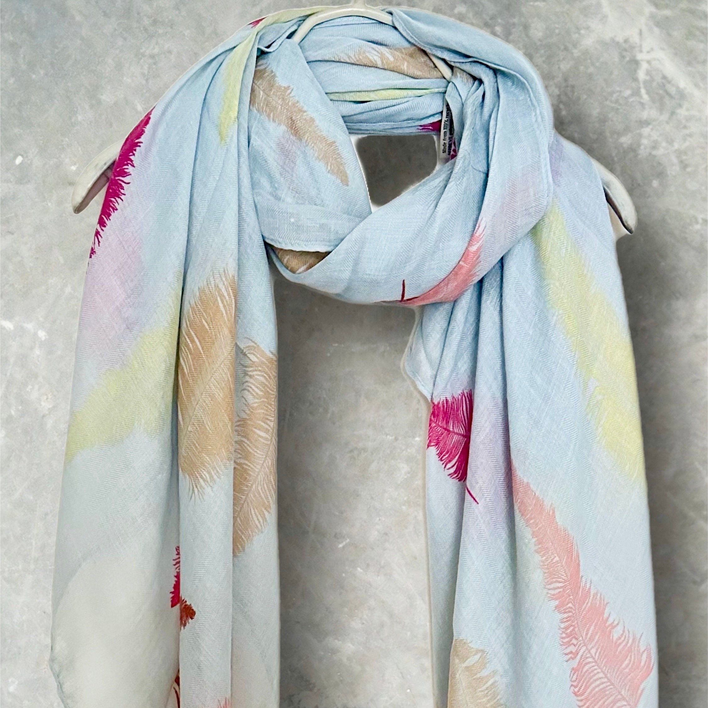 Exquisite Baby Blue Cotton Blend Scarf with Feathers Print
