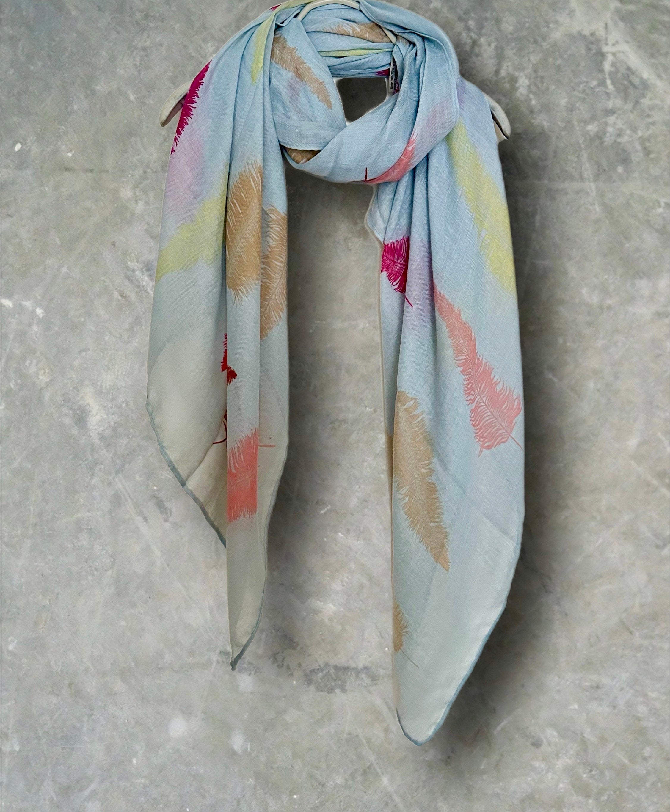 Exquisite Baby Blue Cotton Blend Scarf with Feathers Print