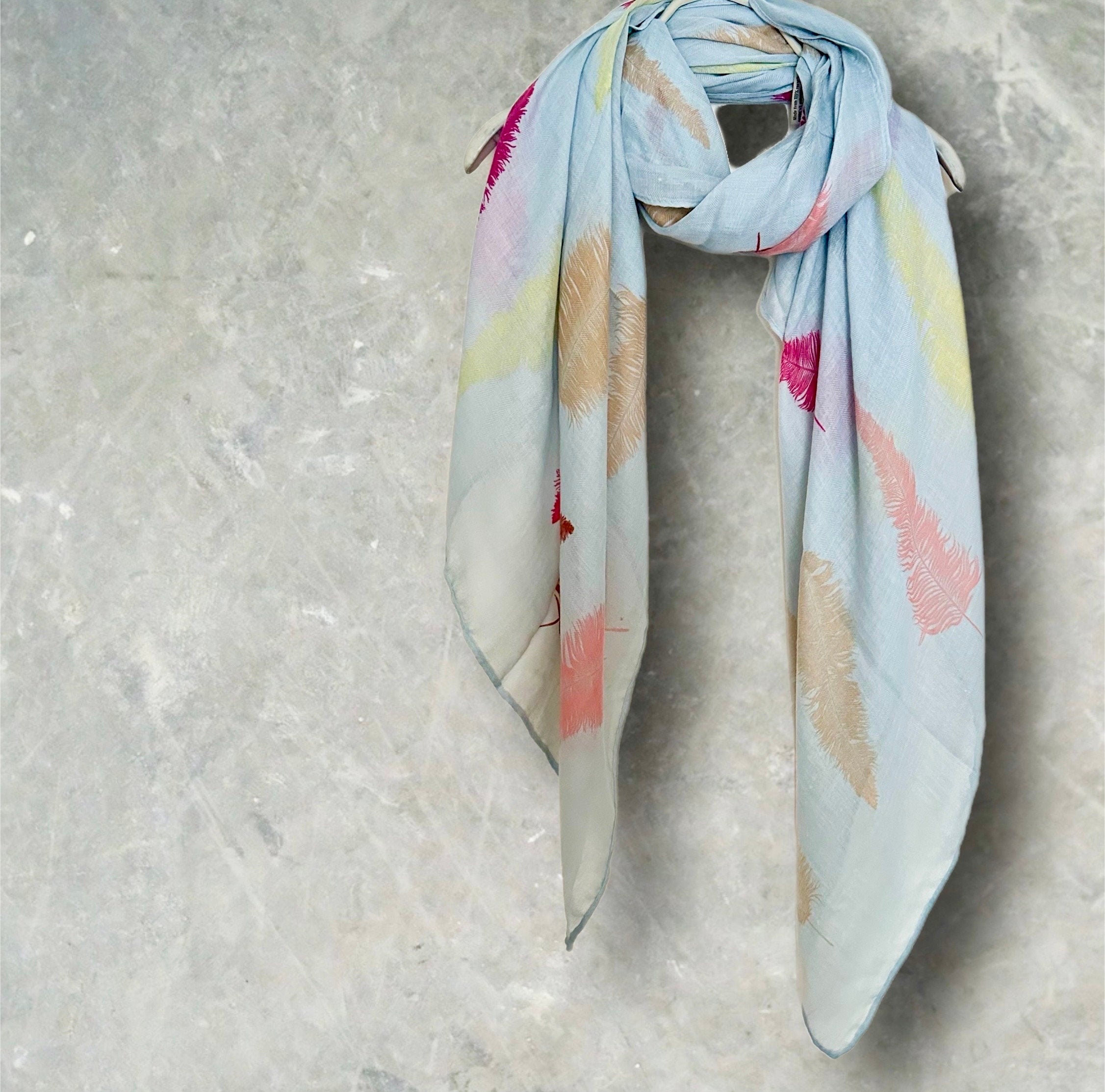 Exquisite Baby Blue Cotton Blend Scarf with Feathers Print