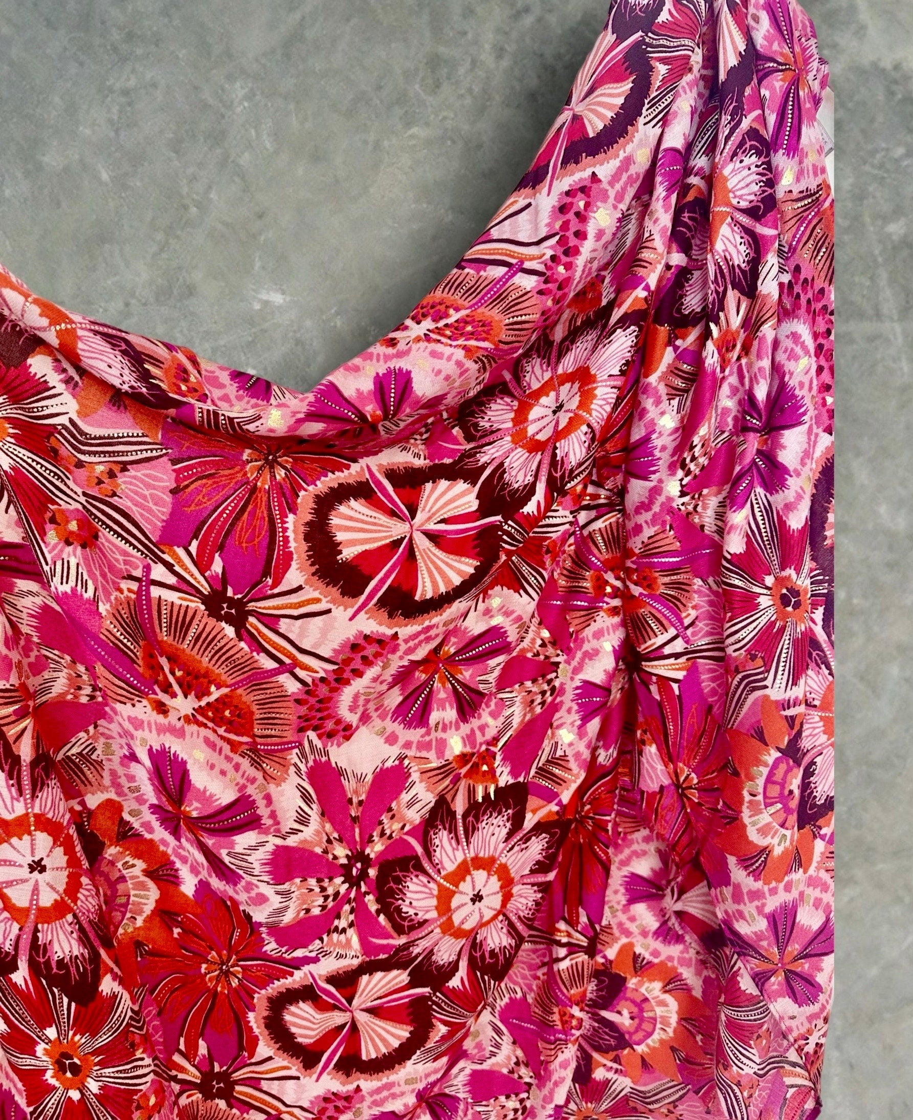 Fuchsia Pink Foliage Motif Print Scarf with Gold Accents