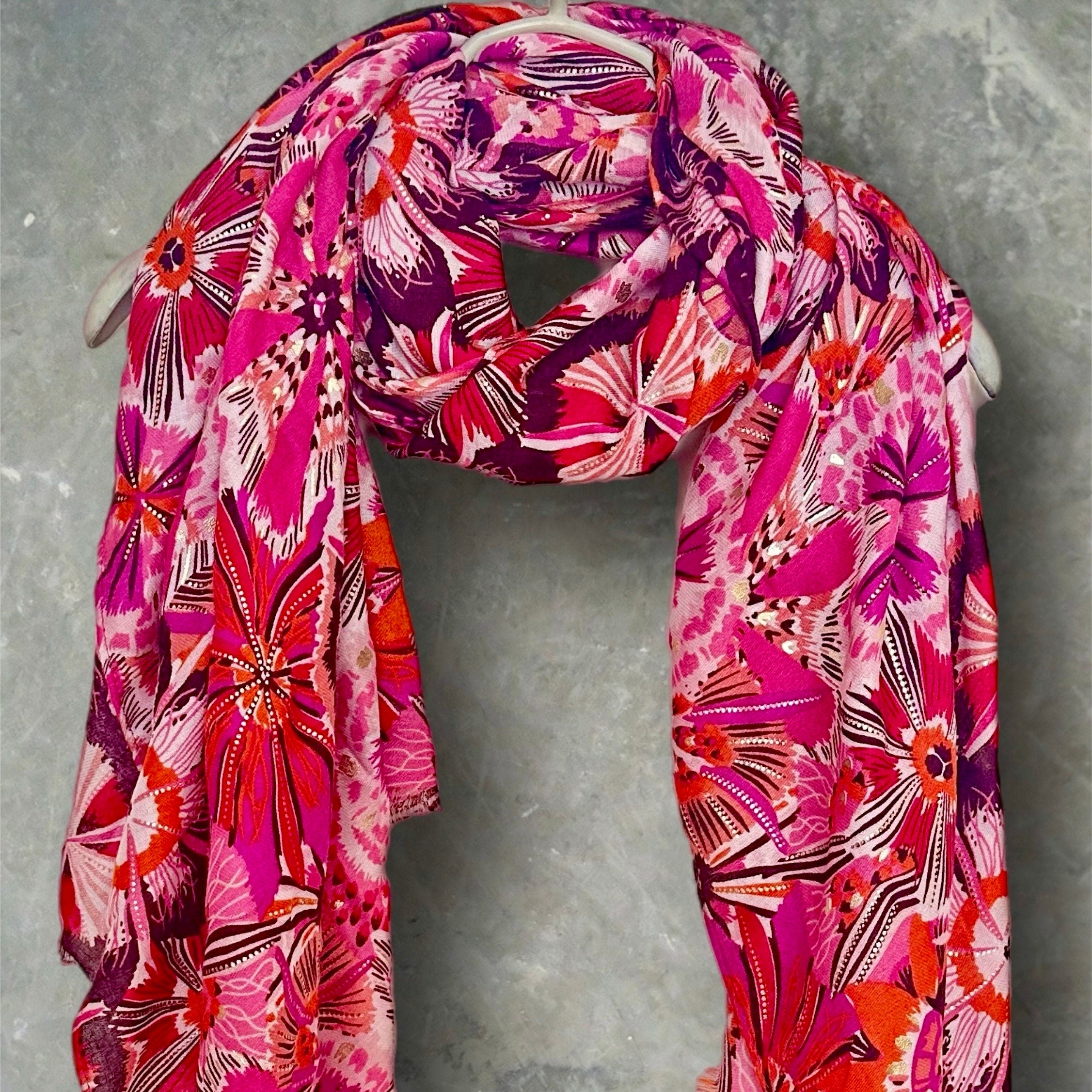 Fuchsia Pink Foliage Motif Print Scarf with Gold Accents