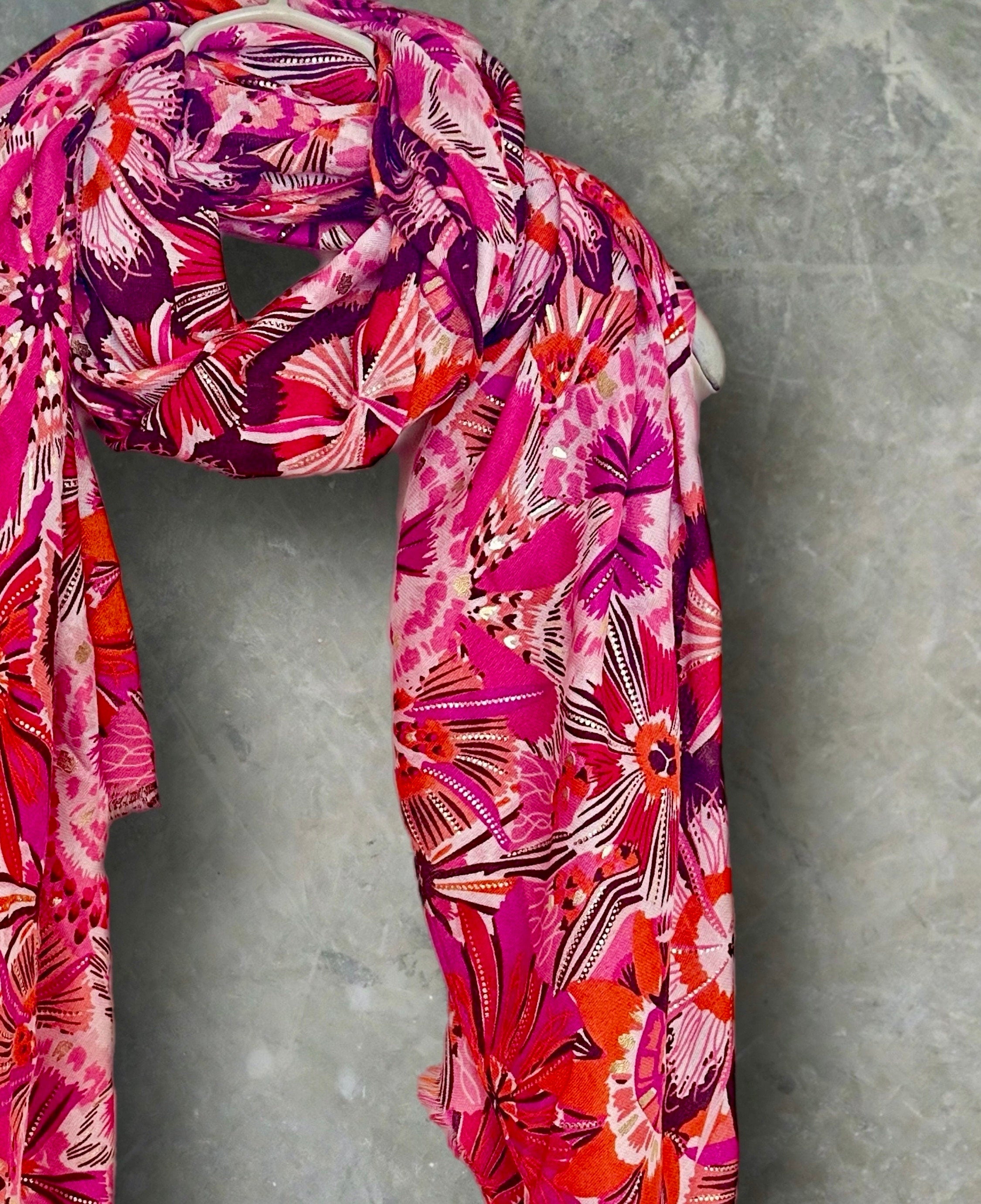 Fuchsia Pink Foliage Motif Print Scarf with Gold Accents