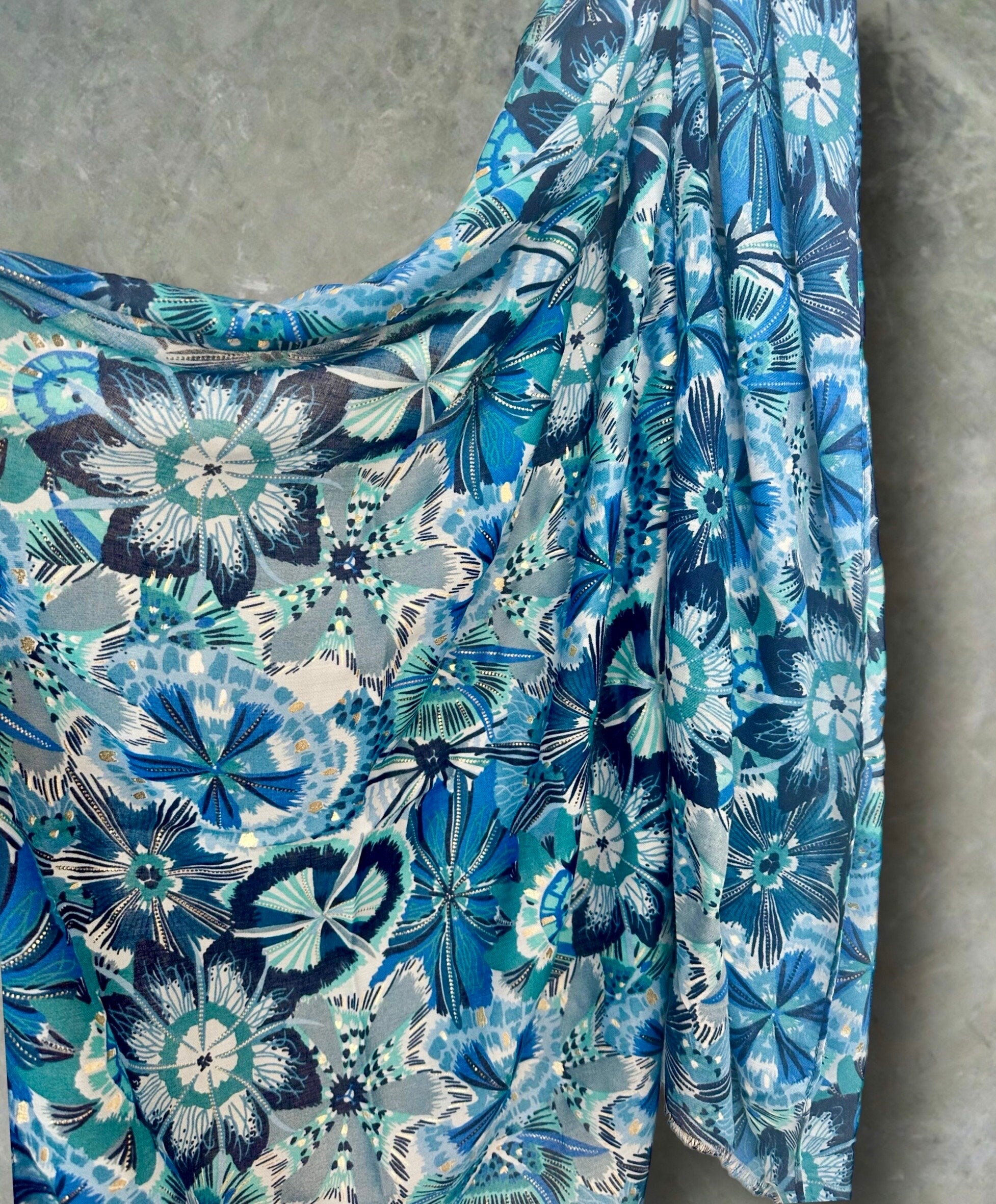 Blue Scarf Featuring Foliage Motif Print and Gold Accents