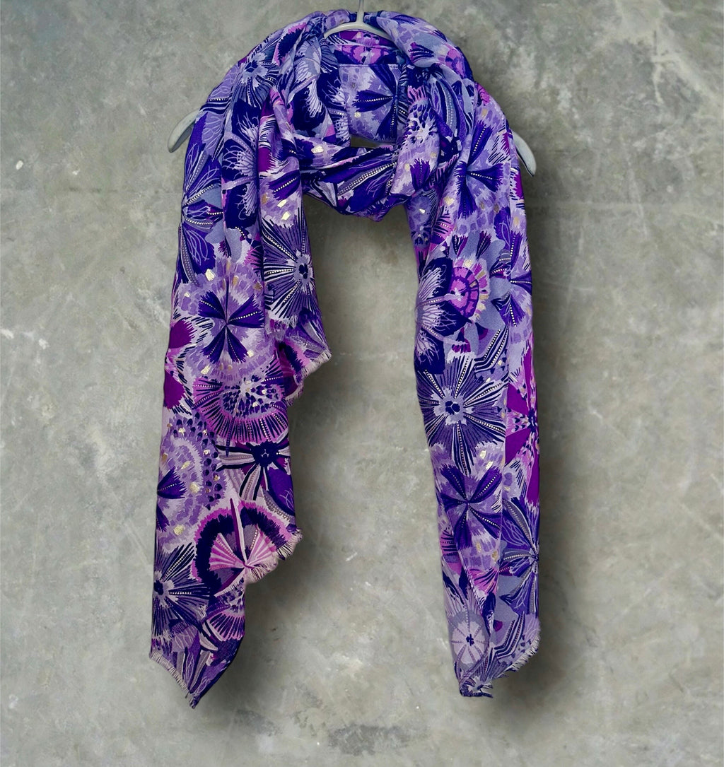 Bohemian-Inspired Purple Scarf Featuring Foliage Motif Print with Gold Accents