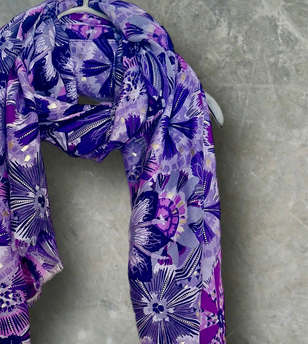 Bohemian-Inspired Purple Scarf Featuring Foliage Motif Print with Gold Accents