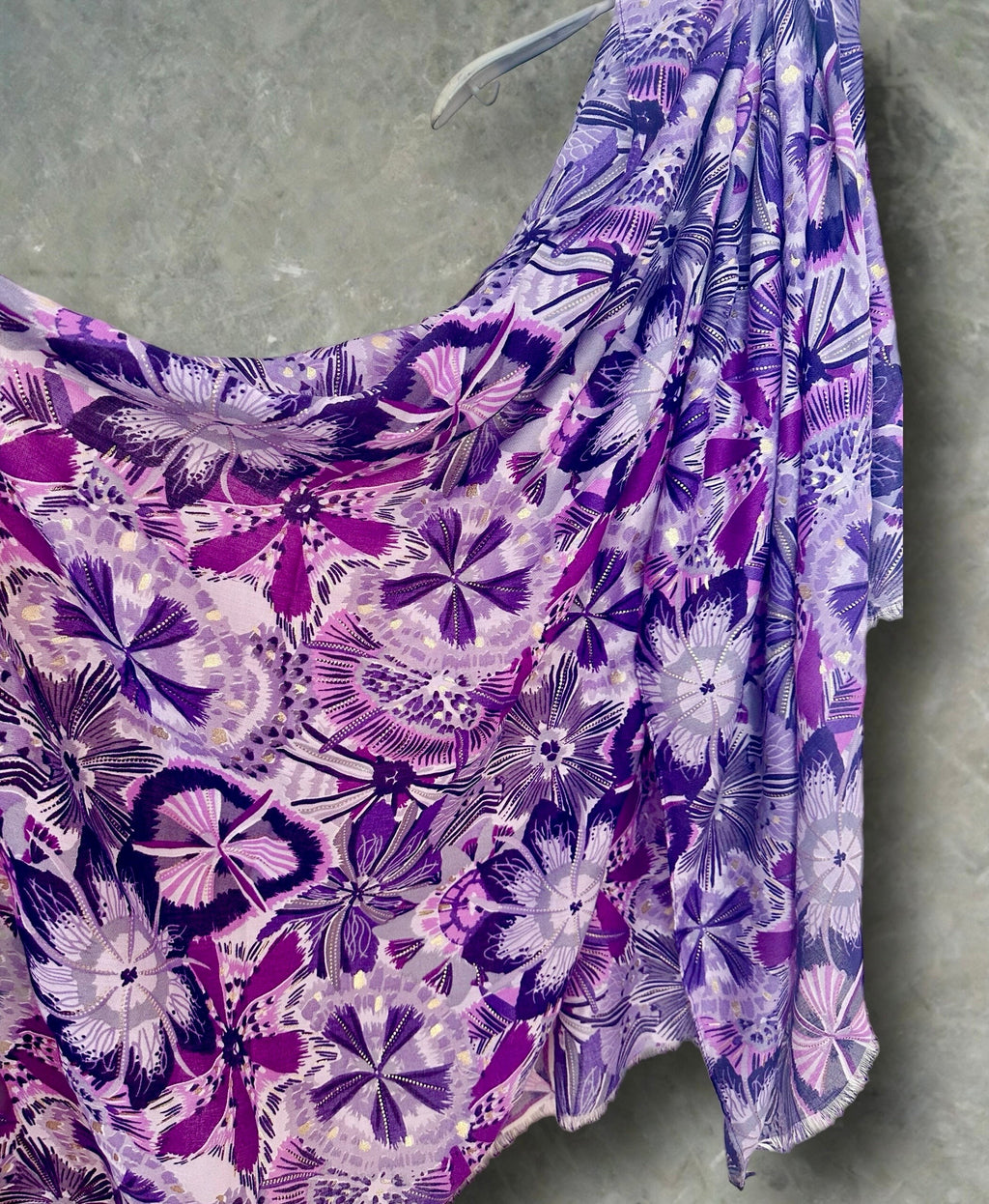 Bohemian-Inspired Purple Scarf Featuring Foliage Motif Print with Gold Accents