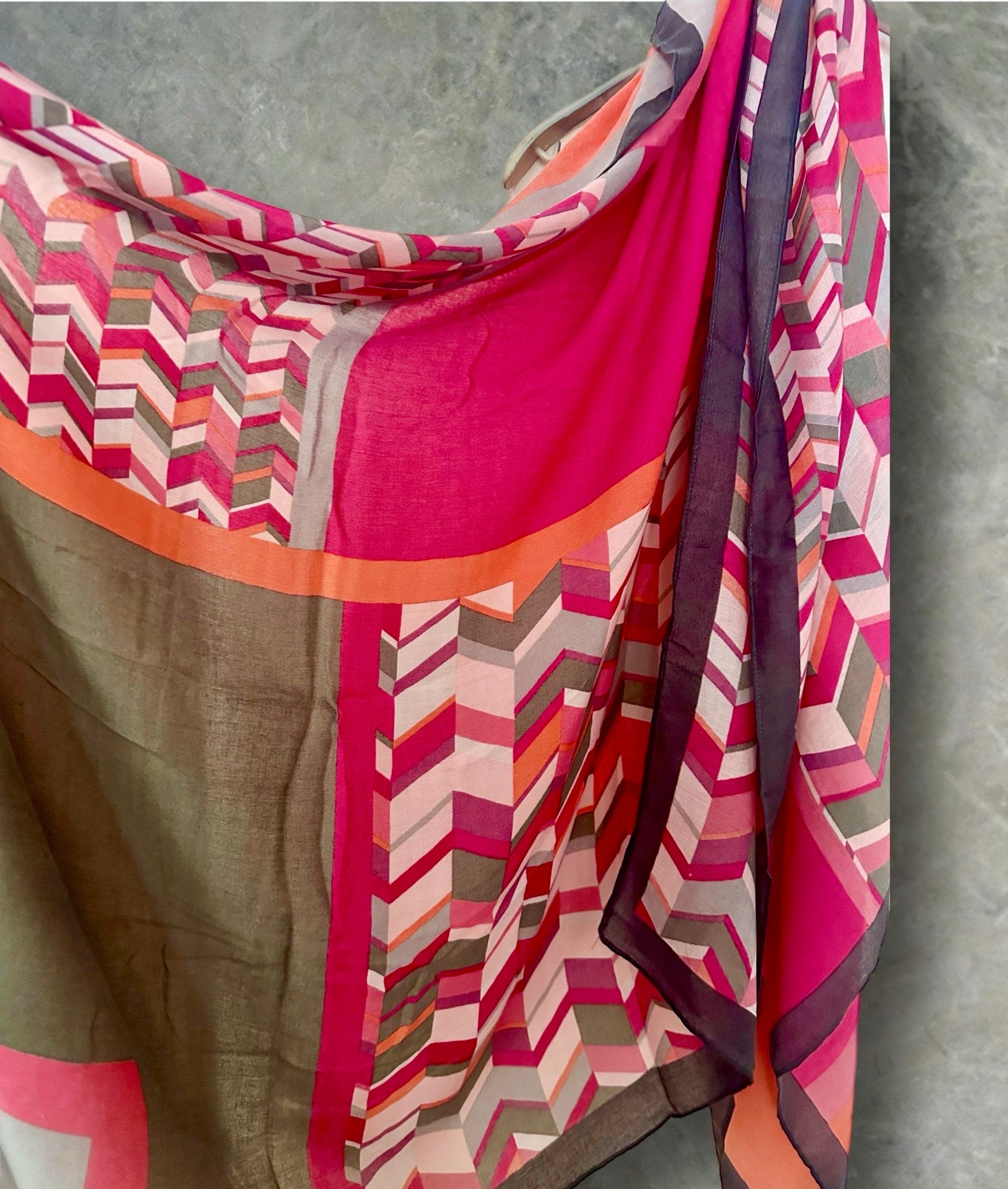 Geometric Pink Scarf with Black Trim