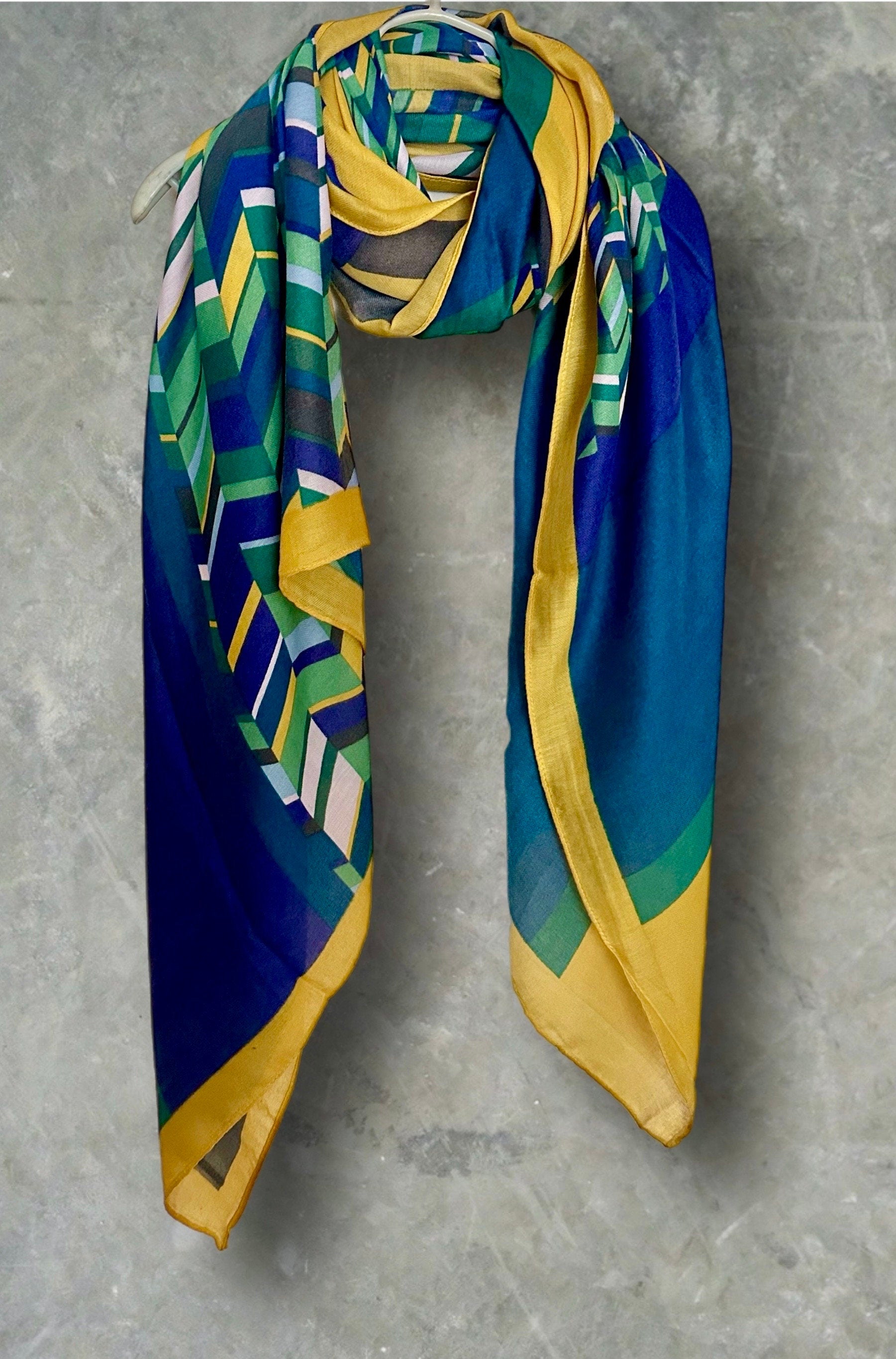 Geometric with Yellow Trim Blue Scarf