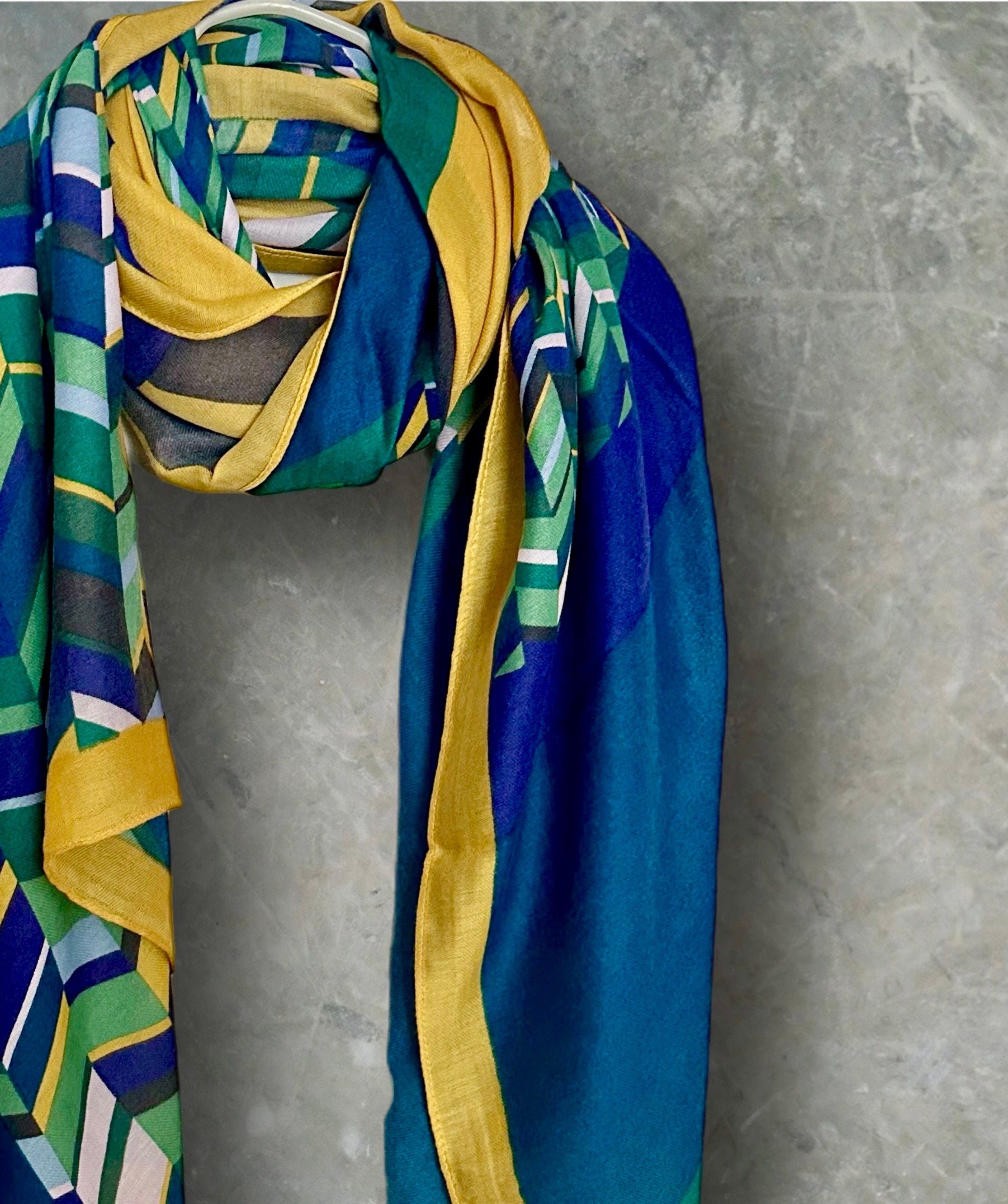Geometric with Yellow Trim Blue Scarf