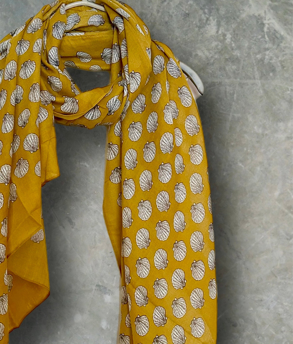 Mustard Yellow Seashells Pattern Cotton Scarf