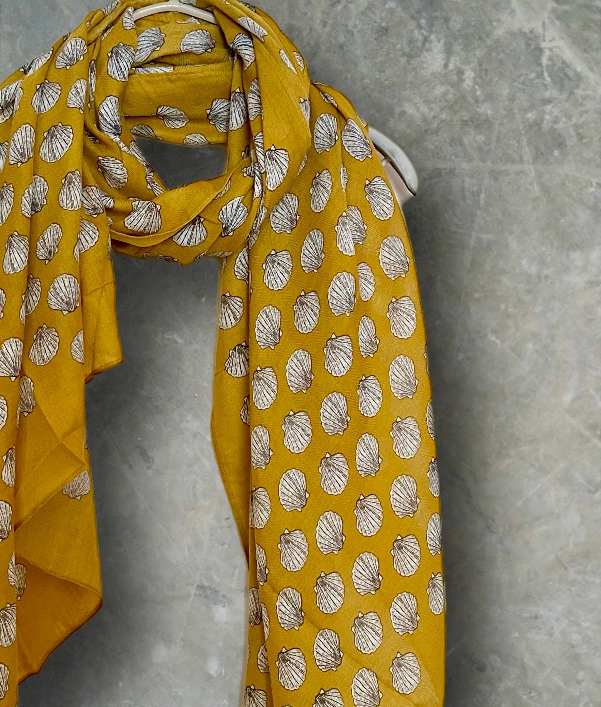 Mustard Yellow Seashells Pattern Cotton Scarf