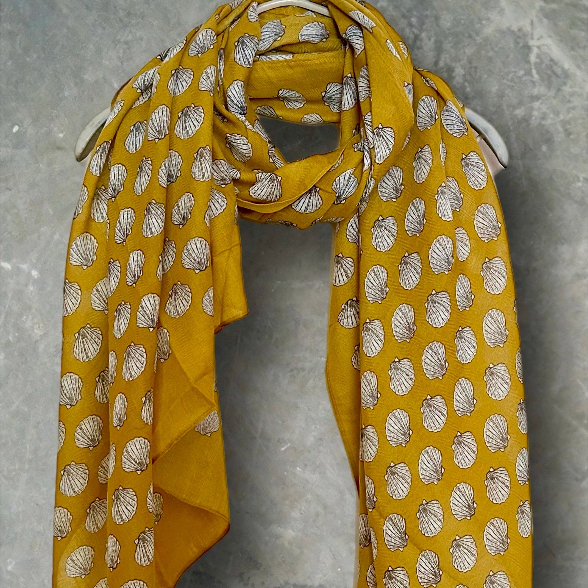 Mustard Yellow Seashells Pattern Cotton Scarf