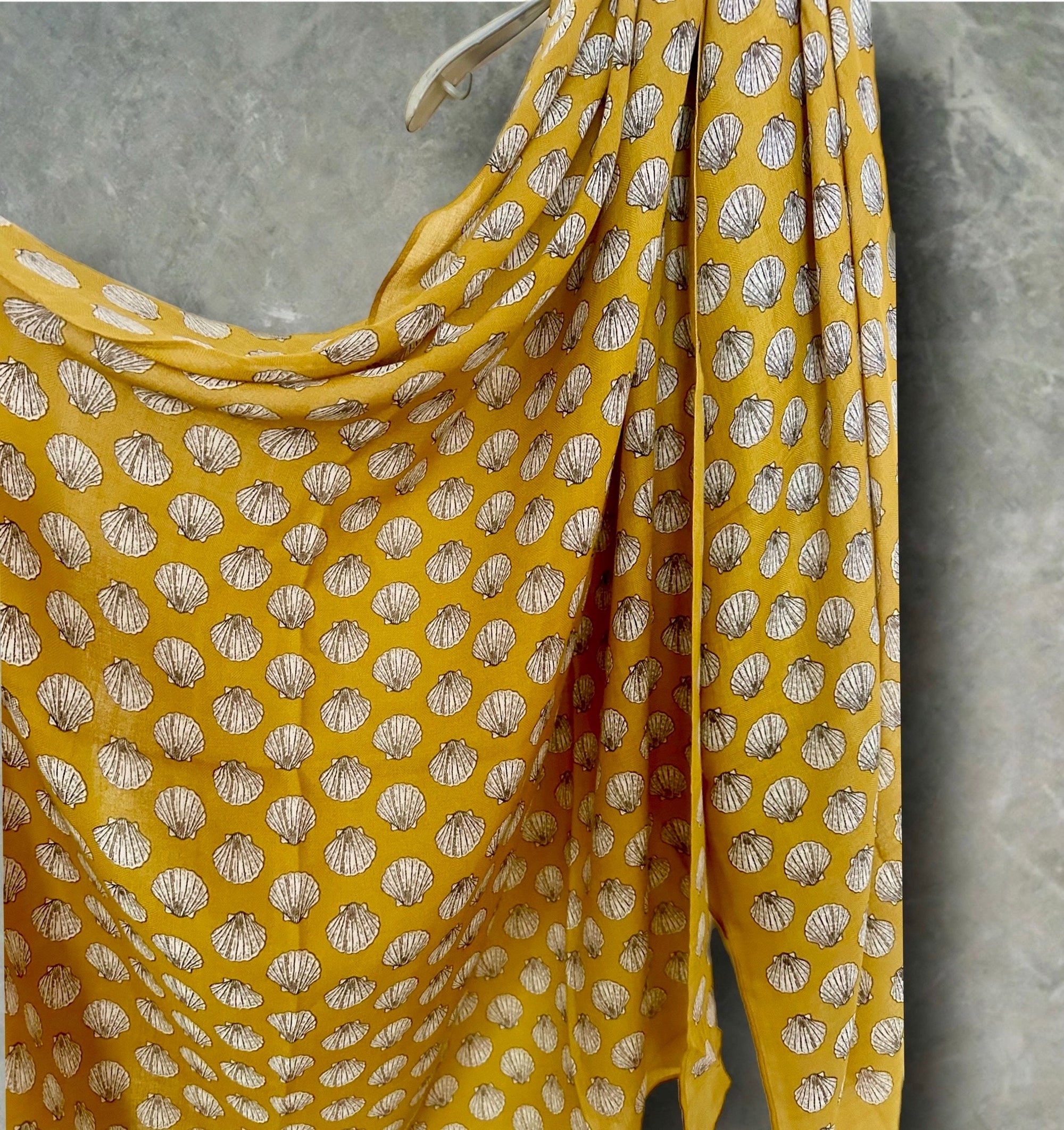 Mustard Yellow Seashells Pattern Cotton Scarf