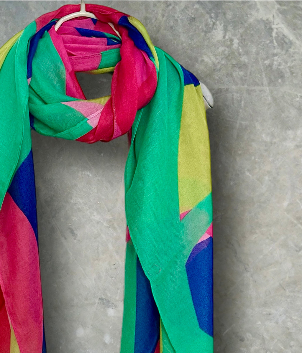 Green,Pink,Blue Geometric Abstract Cotton Scarf