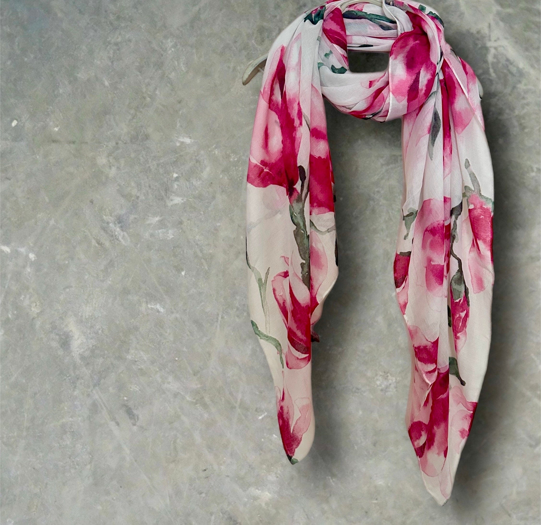 White Watercolor Magnolia Flowers Cotton Blend Scarf