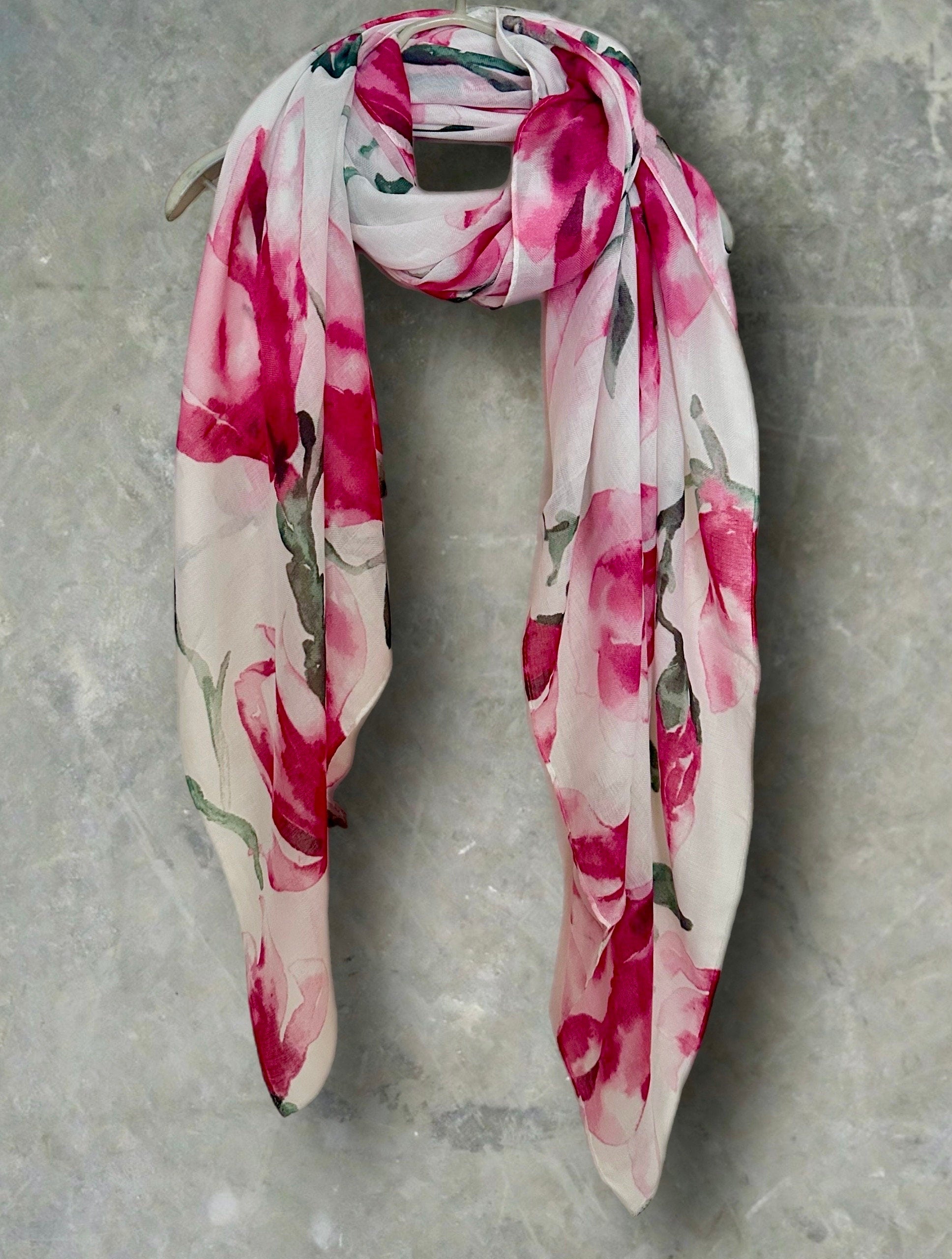 White Watercolor Magnolia Flowers Cotton Blend Scarf