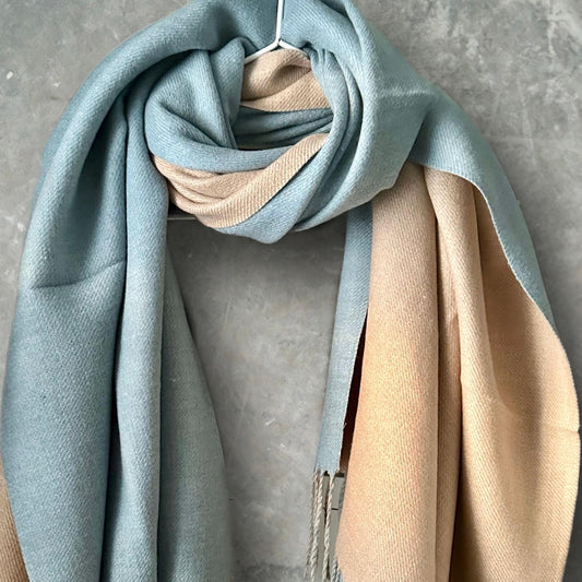 Plain Double-sided Cashmere Scarf in Light Blue and Beige,Winter Scarf for Women,Gift for Mom,Her,Birthday and Christmas.