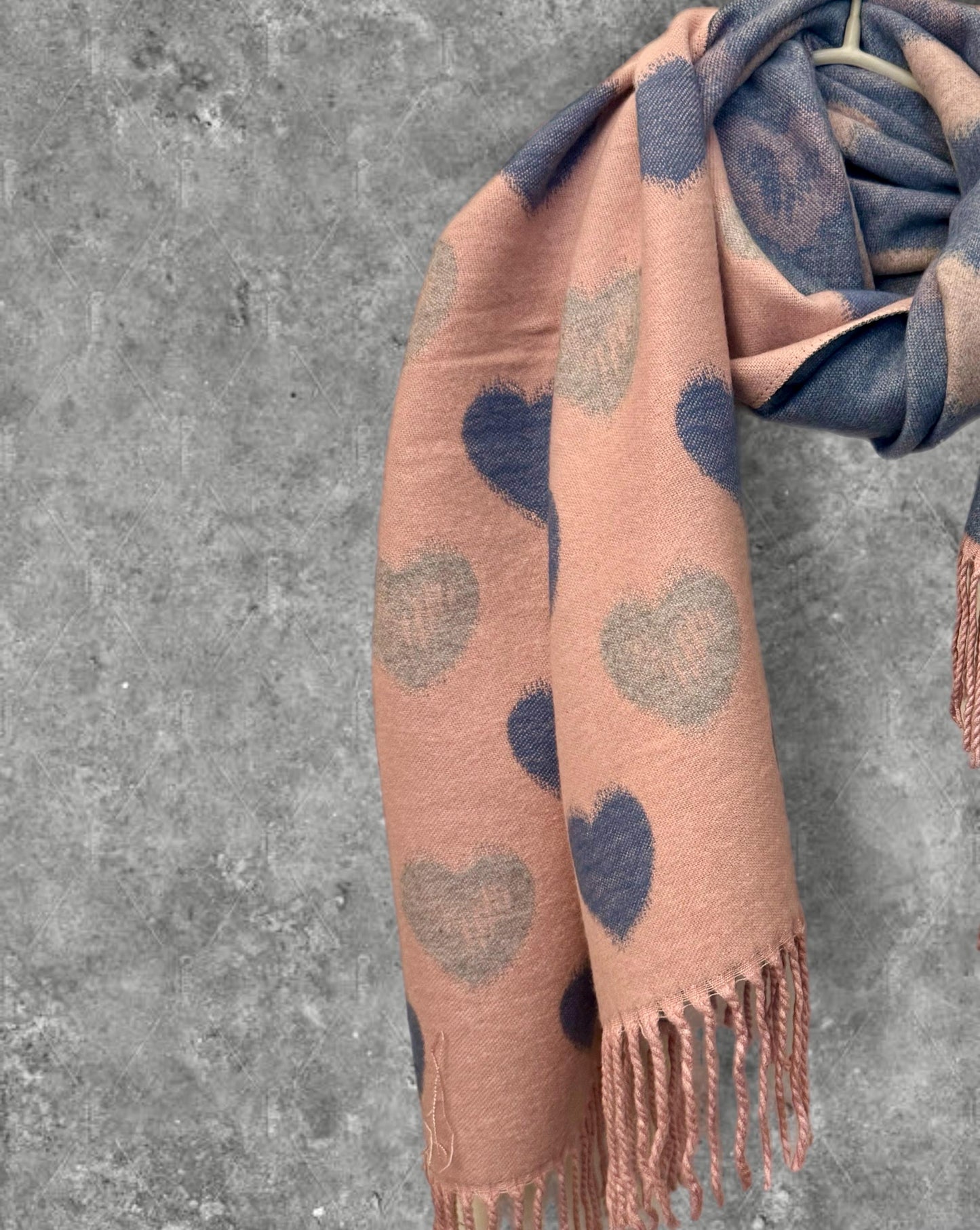 Double-Sided Pink/Grey Cashmere Scarf with Love Heart Pattern,Perfect Winter Accessory and Gift for Her Birthday, Anniversary or Christmas