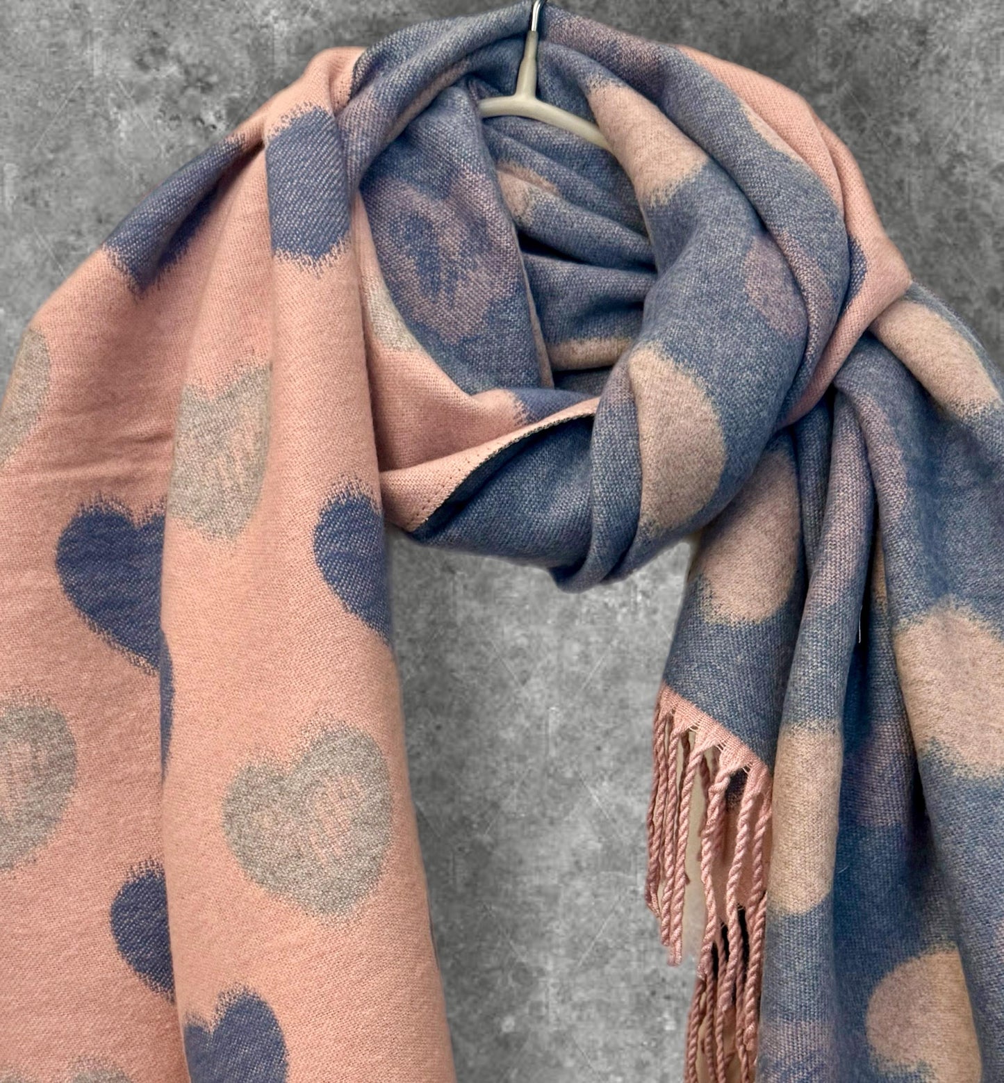 Double-Sided Pink/Grey Cashmere Scarf with Love Heart Pattern,Perfect Winter Accessory and Gift for Her Birthday, Anniversary or Christmas