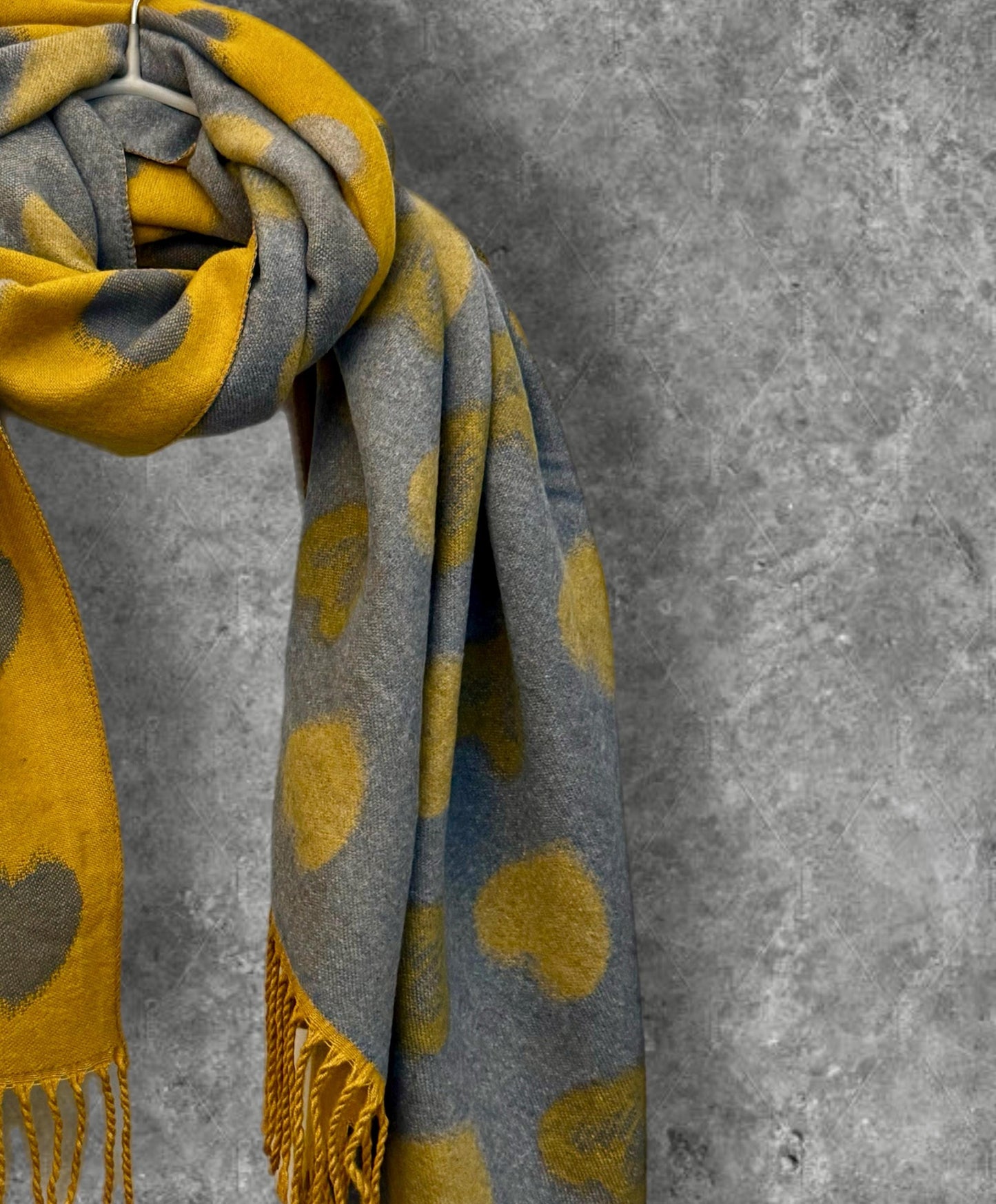 Double-Sided Mustard Yellow and Grey Cashmere Scarf with Love Heart Pattern,Perfect Winter Accessory and Gift for Her Birthday or Christmas