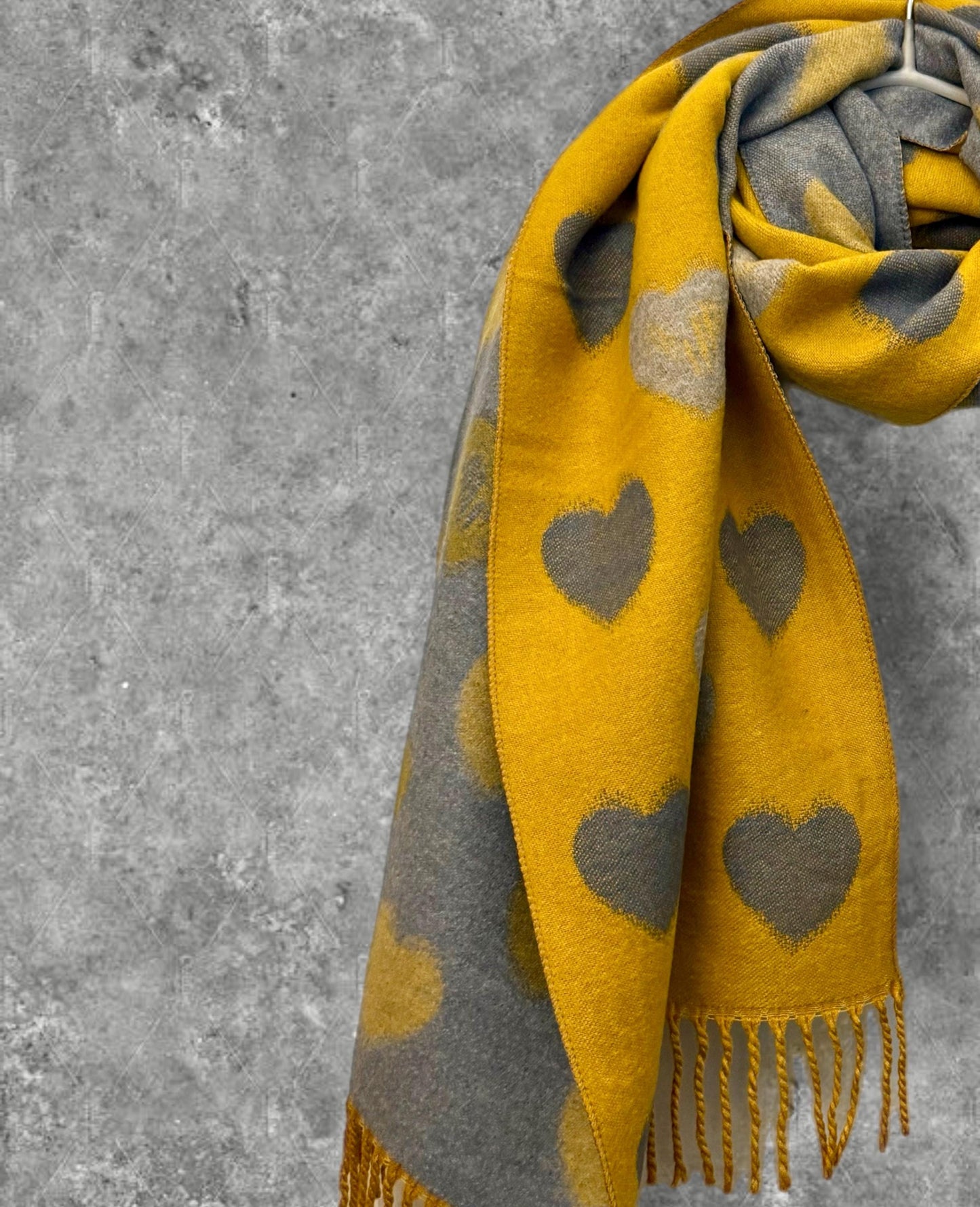 Double-Sided Mustard Yellow and Grey Cashmere Scarf with Love Heart Pattern,Perfect Winter Accessory and Gift for Her Birthday or Christmas