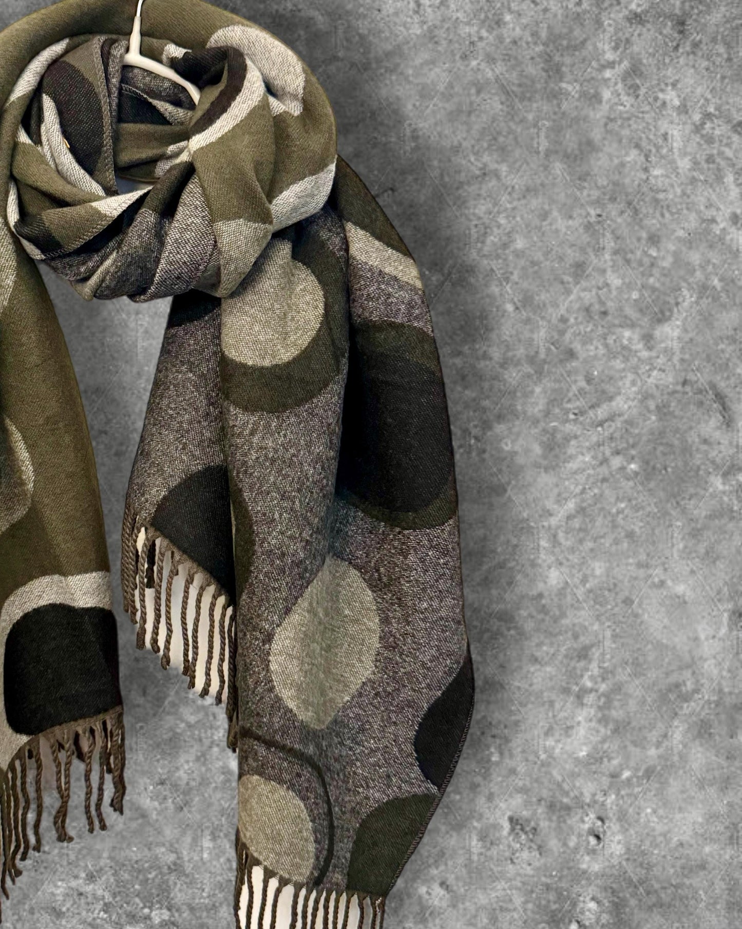 Double-Sided Olive Green and Grey Cashmere Scarf with Circle Print,Ideal Winter Gift for Her,Mom,Birthdays, and Christmas.