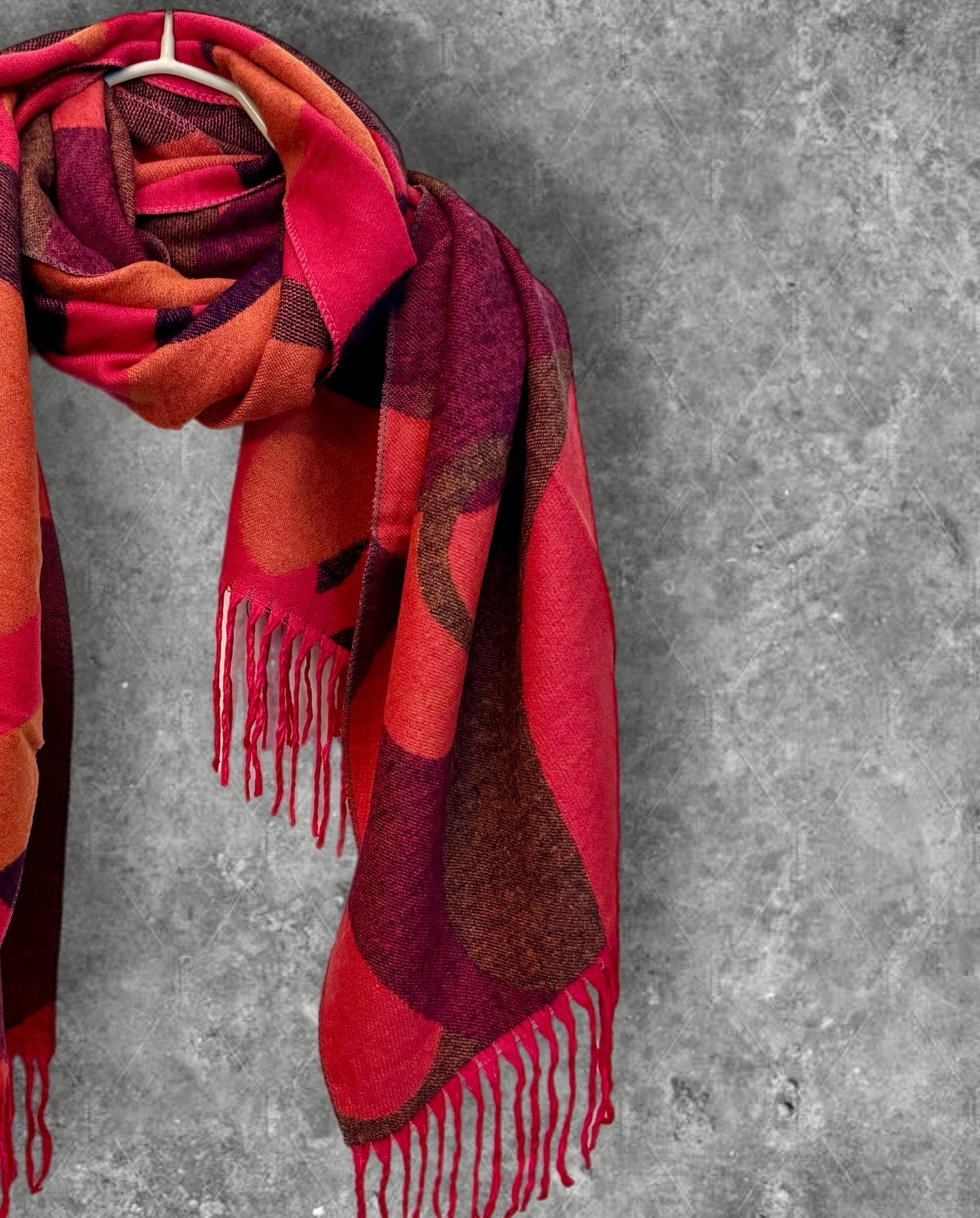 Beutifully Crafted Red/Pink Geometric Cashmere Scarf,Cozy Winter Accessory,Ideal Gifts for Her Birthday or Christmas