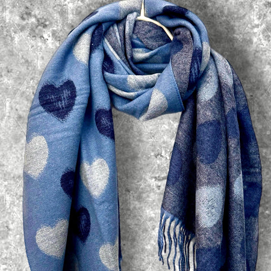 Reversible Navy Blue and Grey Cashmere Scarf with Love Heart Print,Perfect Winter Accessory and Gift for Her Birthday or Christmas