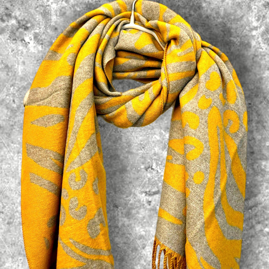 Mustard Yellow/Grey Cashmere Scarf Featuring Zebra and Leopard Print,Ideal for Winter,Great Gifts for Her,Mon,Girlfriend,Wife and Christmas