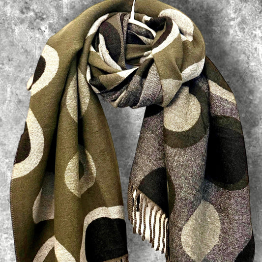 Double-Sided Olive Green and Grey Cashmere Scarf with Circle Print,Ideal Winter Gift for Her,Mom,Birthdays, and Christmas.