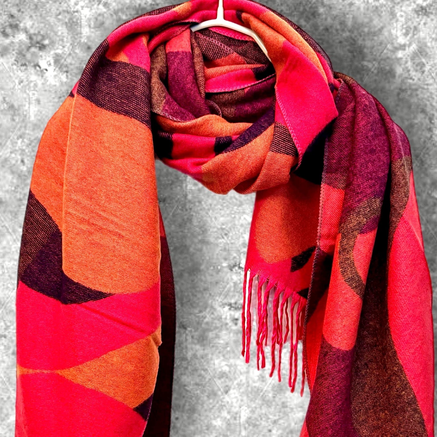 Beutifully Crafted Red/Pink Geometric Cashmere Scarf,Cozy Winter Accessory,Ideal Gifts for Her Birthday or Christmas