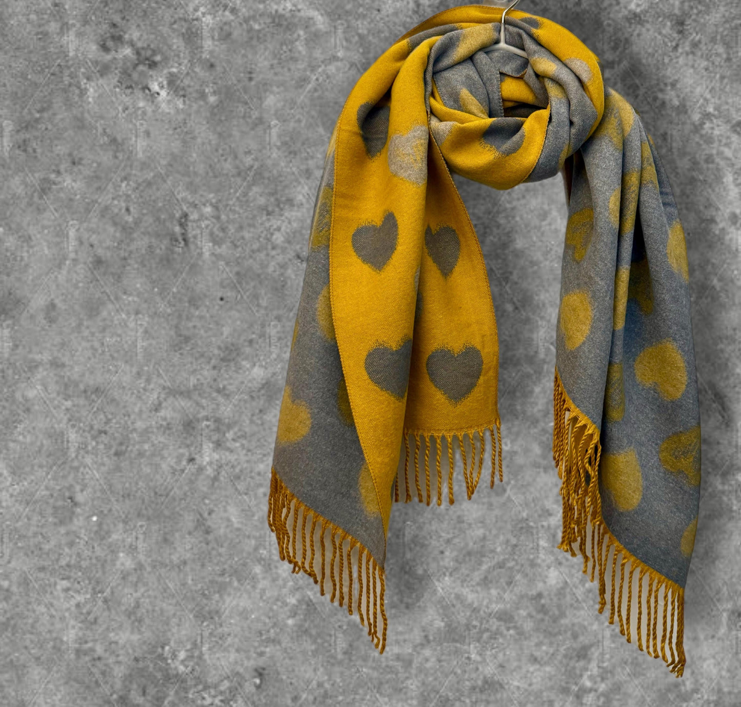 Double-Sided Mustard Yellow and Grey Cashmere Scarf with Love Heart Pattern,Perfect Winter Accessory and Gift for Her Birthday or Christmas