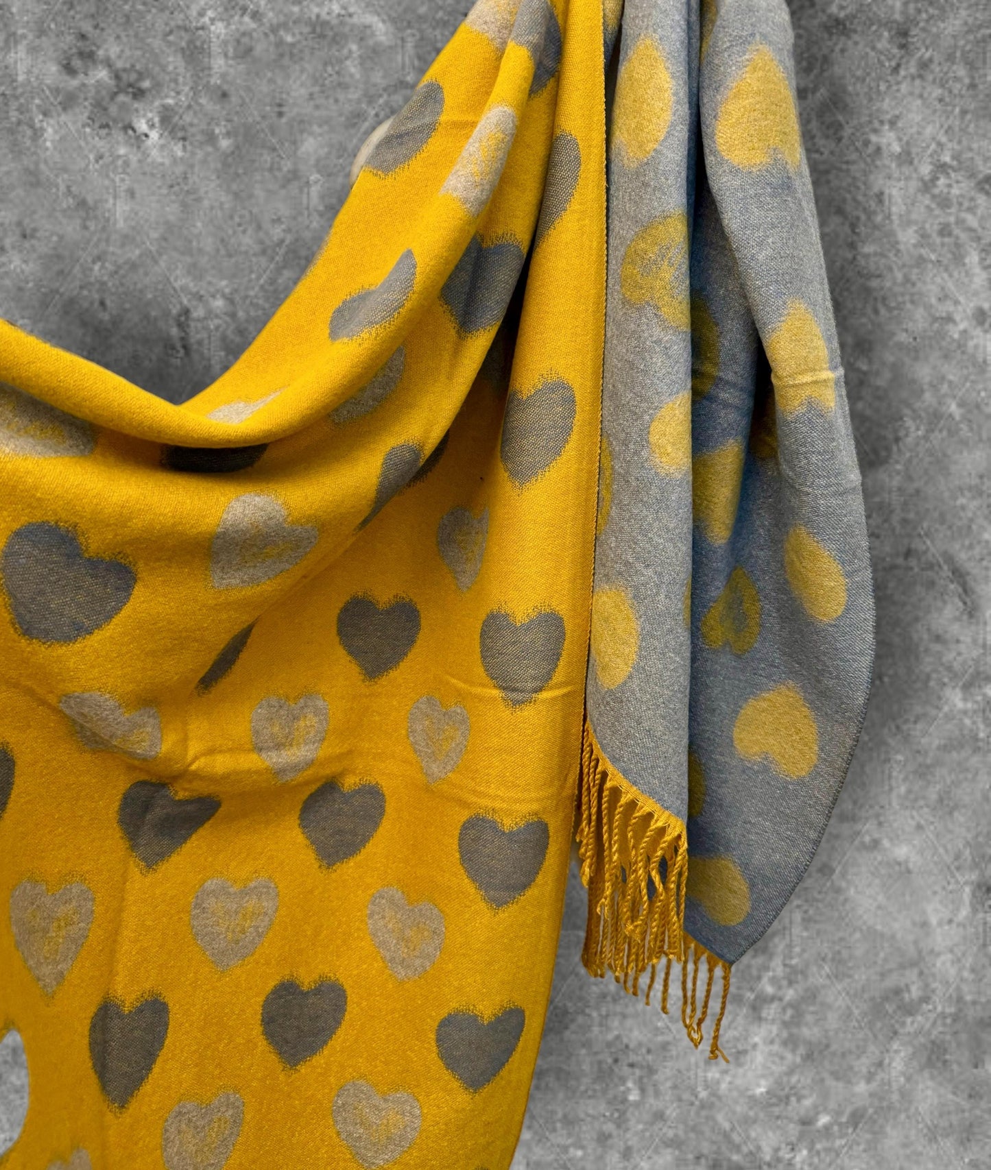 Double-Sided Mustard Yellow and Grey Cashmere Scarf with Love Heart Pattern,Perfect Winter Accessory and Gift for Her Birthday or Christmas