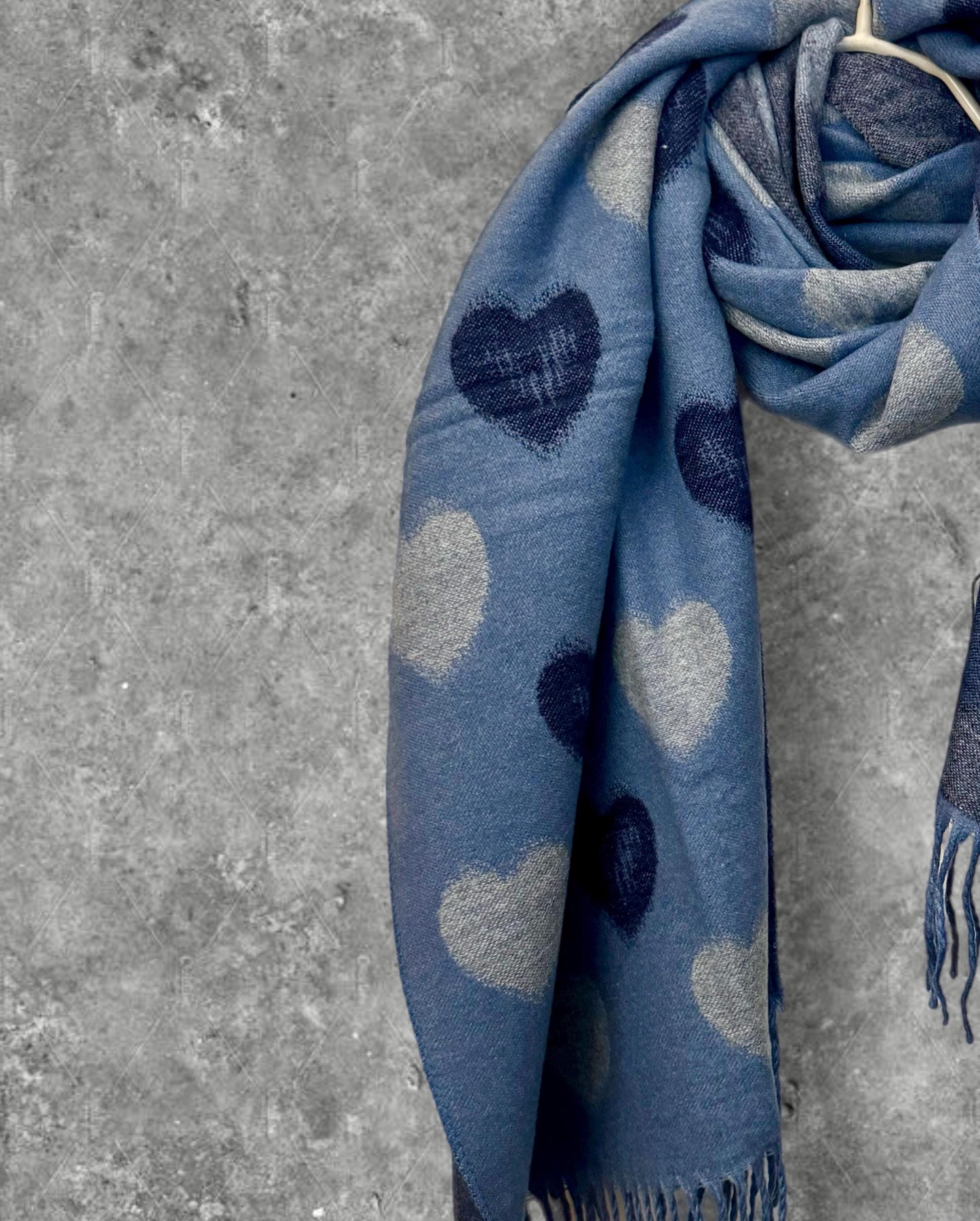 Reversible Navy Blue and Grey Cashmere Scarf with Love Heart Print,Perfect Winter Accessory and Gift for Her Birthday or Christmas